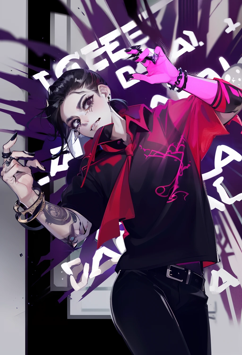 Man in shirt and tie, earrings, belt, looking at camera, black shirt, short hair, black short-sleeved polo shirt, green tie, black pants, punk, raised eyebrows, hanging bangs, hanging bangs, spiky back hair, black hair, underskirt cut, simple black earrings, devil, bat, angry face, black nails, full arm tattoo, big eyes, black eyes, black eye makeup, black eye shadow, black tears, forehead, smile, watch, black bangles, slender body