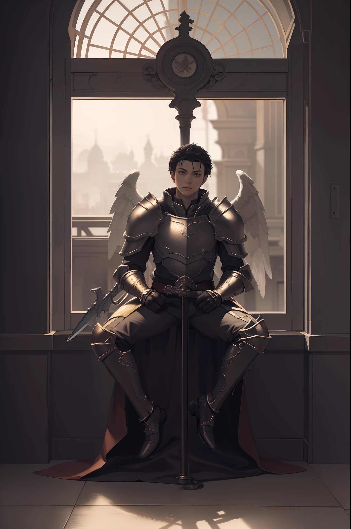 1 man,(sit astride),Masterpiece, Absurd, Award-winning photo, Extremely detailed, Amazing, masculine details, Extremely detailed eyes and face, author:Lee Jeffries Nikon D850 Film Stock Photography 4 Kodak Portra 400 Camera F1.6 lens rich colors hyper realistic texture realistic lighting dramatic lighting unrealengine trend in artstation cinestill 800 tungsten, Young man, strong looking(( Archangel Warrior 1), large wings (1 Angel warrior big wings, cherubs in a gold armor and accessories, Golden wings, wearing AGF:1.1), (Redshift style:1.1), (Style, Realistic, photographed, professional, High contrast, 1boys, sit astride,Crotch view,expressive look, hdr, Highest quality, Sharp focus, looking at viewert, Facing the viewer, 8K, Blue eyes, Wearing (Male paladin_glam armor, armor decorated with jewels, paladin armor: 1.15), Final Fantasy XIV setting, ultra sharp resolution, Cinematic lighting, Sharp focus, (illustration: 1.1), Intricate,1 Archangel, Short-haired Catholic, wearing a robe and armor, sit astride,spread their legs,Golden, Silver, and broze, pondering over one with swords, Golden Hoop Stick, church in classical style, columns detail Corinthias poorly lit, hall bright lights, flashing lights,