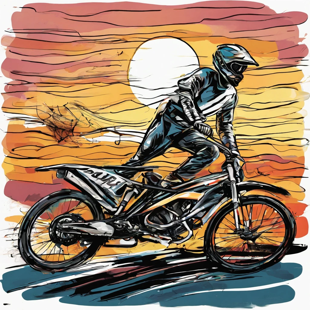 Racing Bikes, Synth Wave, T-shirt vector, surrounded, Sunset, contour lines, White background, Illustration,ink and watercolor painting,black and white