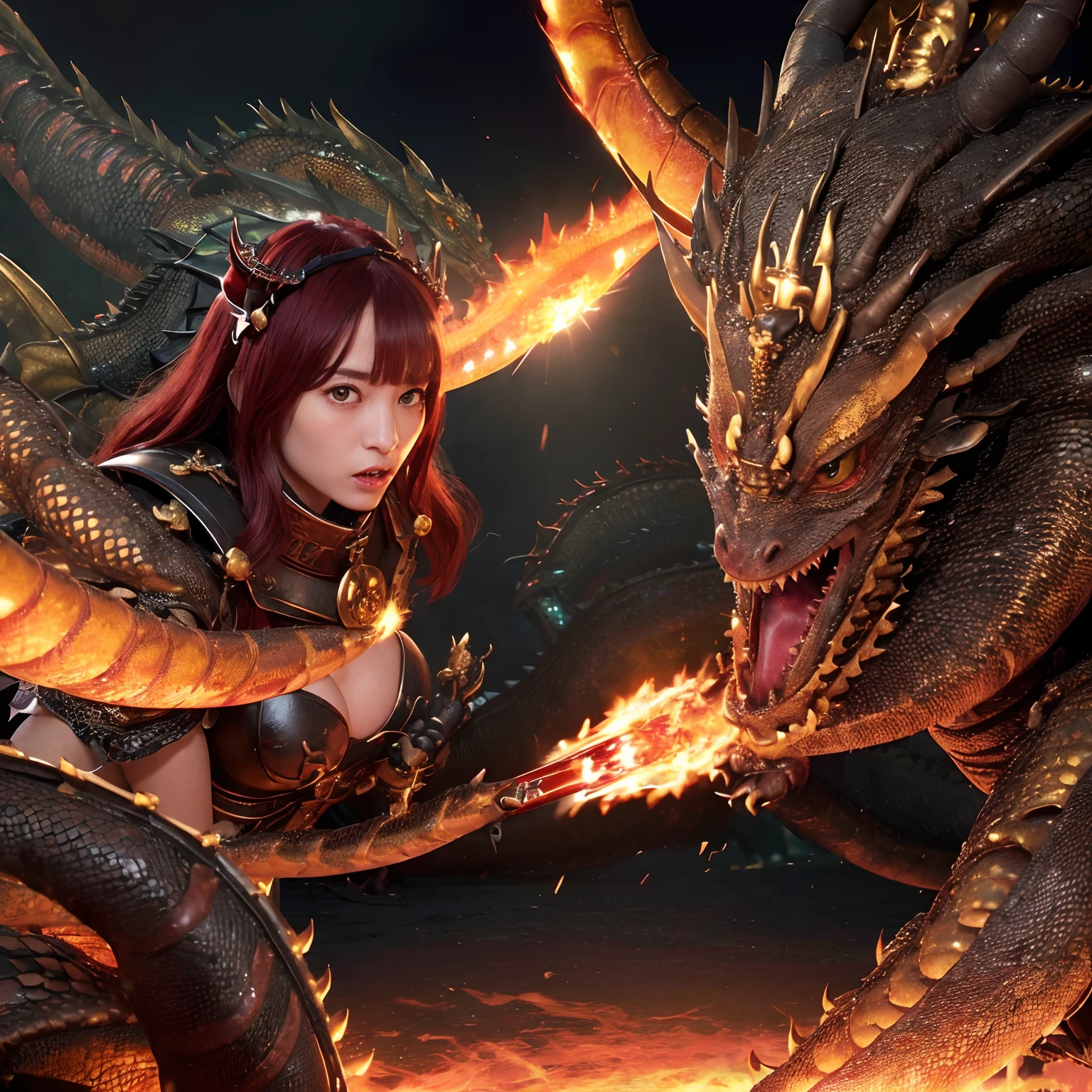 (The Ultimate Beauty Face), Professional , masterpiece、top-quality、photos realistic , depth of fields (Gemstone Black Metal Body:1.4),(Matte Black、(cleavage of the breast)、Dragon Gold Weapon,Mystical expression、Particles of light、((((Fight dragons)))、(Dragon Metal Body:1.4),Gorgeous Silver Weapons ,(( Dragon's dense and gorgeous sword)) , Beautiful knife ,warhammer 40k , adepta sororitas,Detail and gorgeous crown、((Red hair))、(Castle background)、、((Gangle's forest background))、Beautiful Caucasian beauty、1a person、dynamic ungle,(((Detailed and ornate Black Devil Crown)))、Smaller head、A smile、Castle background、Thin and beautiful female hands、cleavage of the breast、Soldier in iron armor on background、Mystical expression、Light Effects、intense fighting、Wind-effect、magic circles、With the legendary magic wand、(demonic wings)、