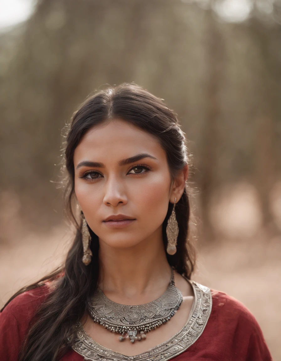 1girl,(8k, best quality, masterpiece, ultra highres:1.2),native american tribe warrior, red ancient shirt, upper body shot, paint face,strong, gazing eyes, highly detailed face, cinematic still, desert background, deep depth of field, bokeh effect, wide angle