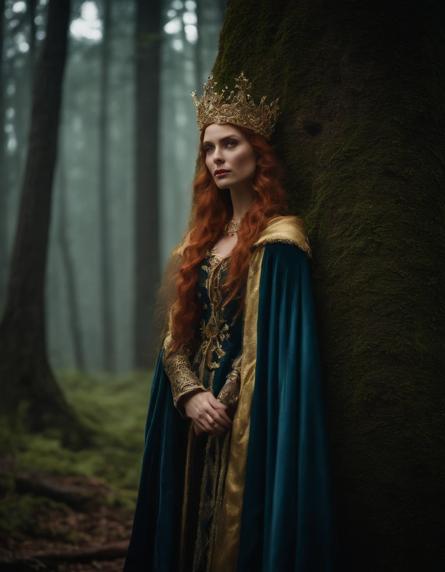 Woman with an ice tiara on her head and a navy blue winter cloak with golden details, RPG personagem, Medieval era,Mulher elfa. Red-haired Elf, Blue Eyes,Forest Elf, Moss Green Armor,soft illumination,Standing in the middle of the forest,Dense forest, fantastic setting,Daylight,Sunlight,Warm color enhancements,Blue and yellow green palette, Guweiz style artwork, extremely detailed artgerm, detailed castle background, hyper detailed, by lee jeffries, ultra-detalhado, (pele altamente detalhada: 1.2), 8k UHD, DSLR, soft ilumination, alta qualidade,modelo ig | artgerm,rossdraws, obra de arte no estilo de guweiz,  foto sincera POV, por lee jeffries, Nikon d850, filme fotografia de estoque ,4 kodak portra 400, F1 camera lens,cores ricas, hiper realista, textura realista, lighting dramatic, cinestill 800