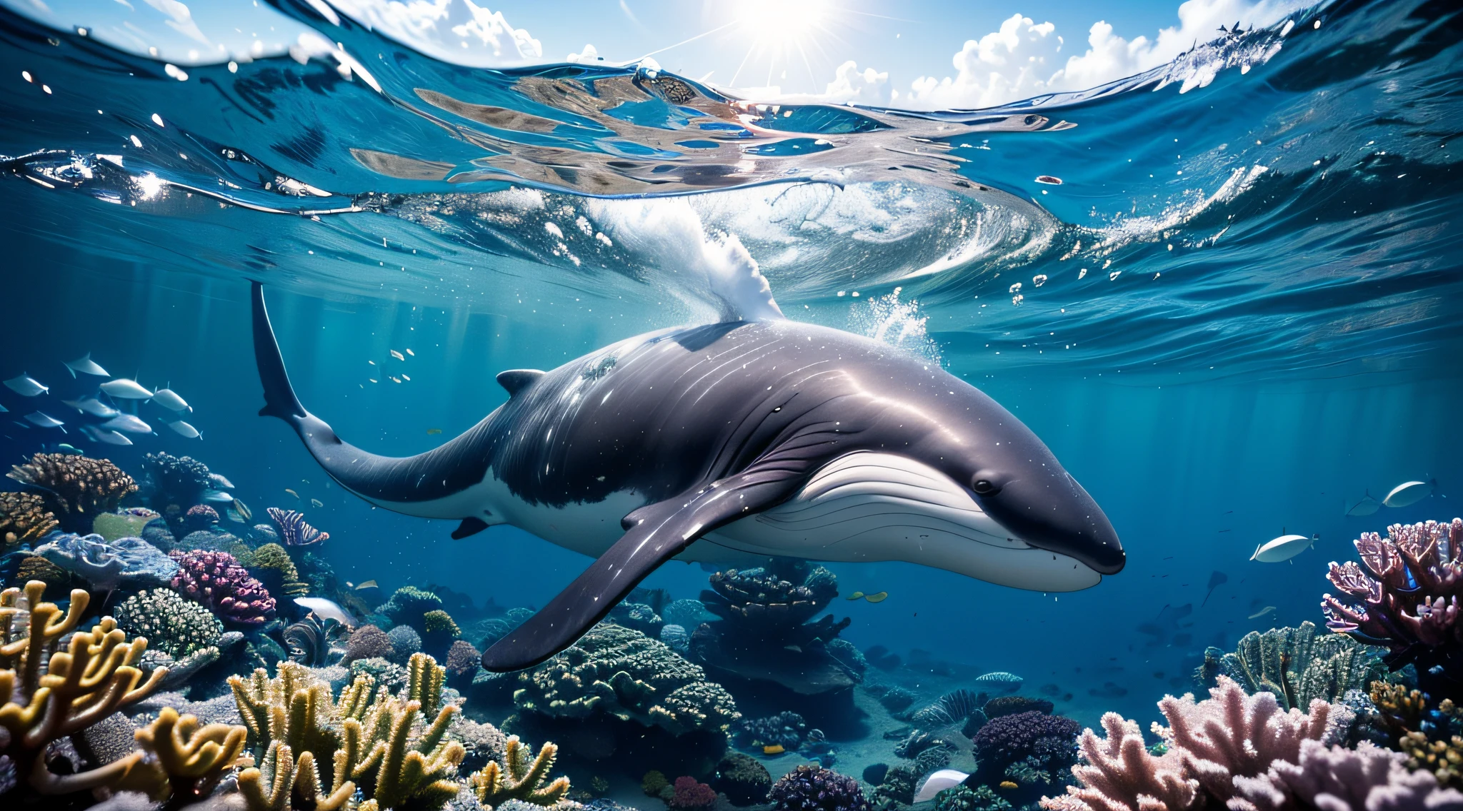 pixar-style，Masterpiece,high qulity,Highest high resolution,Complicated details，Very cute baby whale，，Swim freely in the sea，Clear, realistic water，Ray traching，realisitic