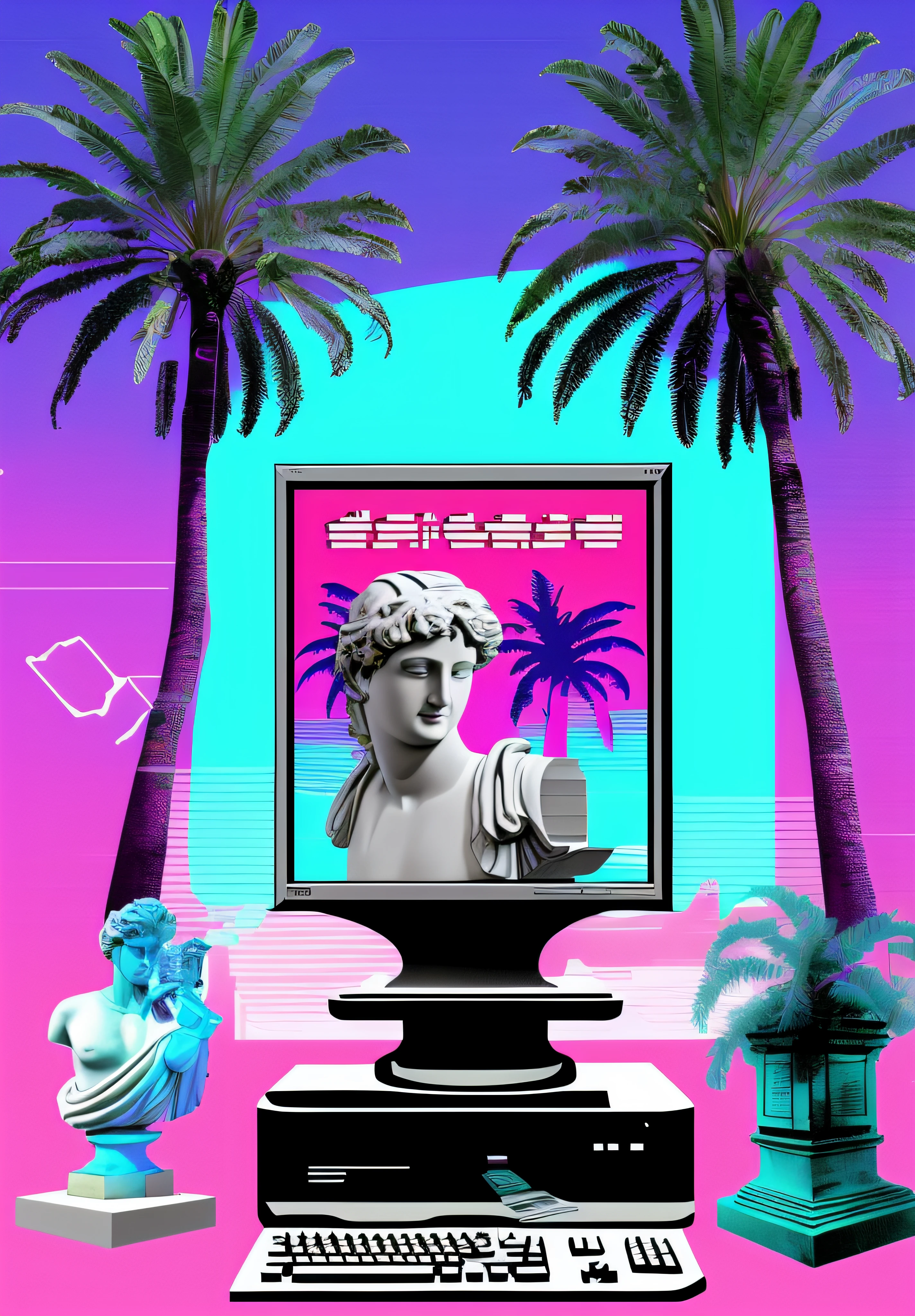 a computer and a statue with palm trees in the background