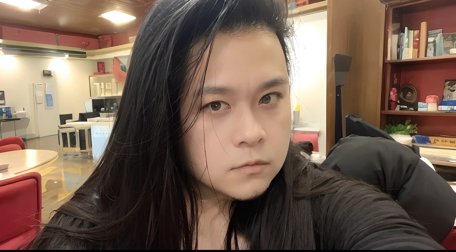 of a guy,long whitr hair,Black hair,Handsome,Deep eyes,looking back at the camera,Bust,closeup cleavage,Wear Hanfu,Black Hanfu,Black Buhan followed,Ancient wind,lumnious,Contour light,3/4 perspectives,The background is blurred out