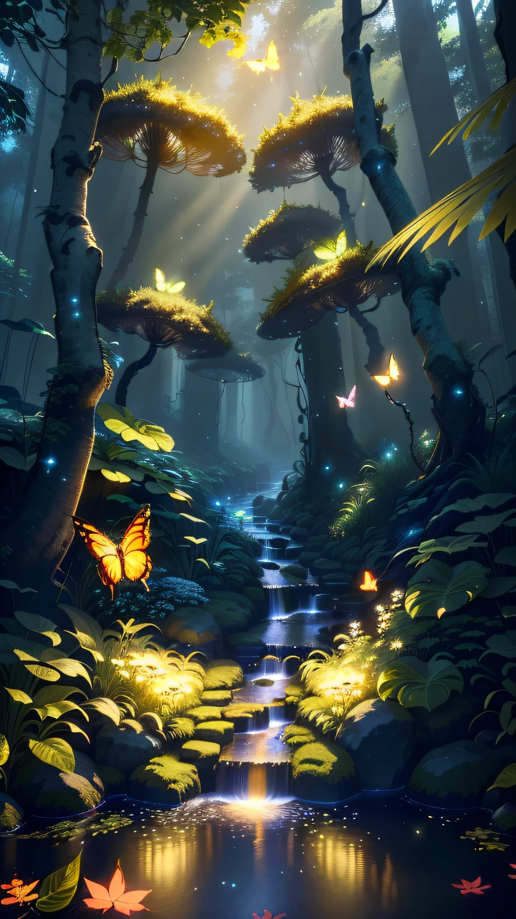 A masterpiece, the best quality, stunning reflections, the best reflections ever. (very detailed CG unity 8k wallpapers), (best quality), (best illustrations), (best shadows), forest theme with natural elements. Tall trees, quiet streams, small glowing mushrooms surrounded by delicate leaves and branches, with fireflies and glowing particle effects,, (natural elements), (jungle theme), (leaves), (twigs), (fireflies), butterflies, (delicate leaves), (glow), (particle effects). , Isometric 3D, Octane Rendering, Ray Traced, Super Detailed
