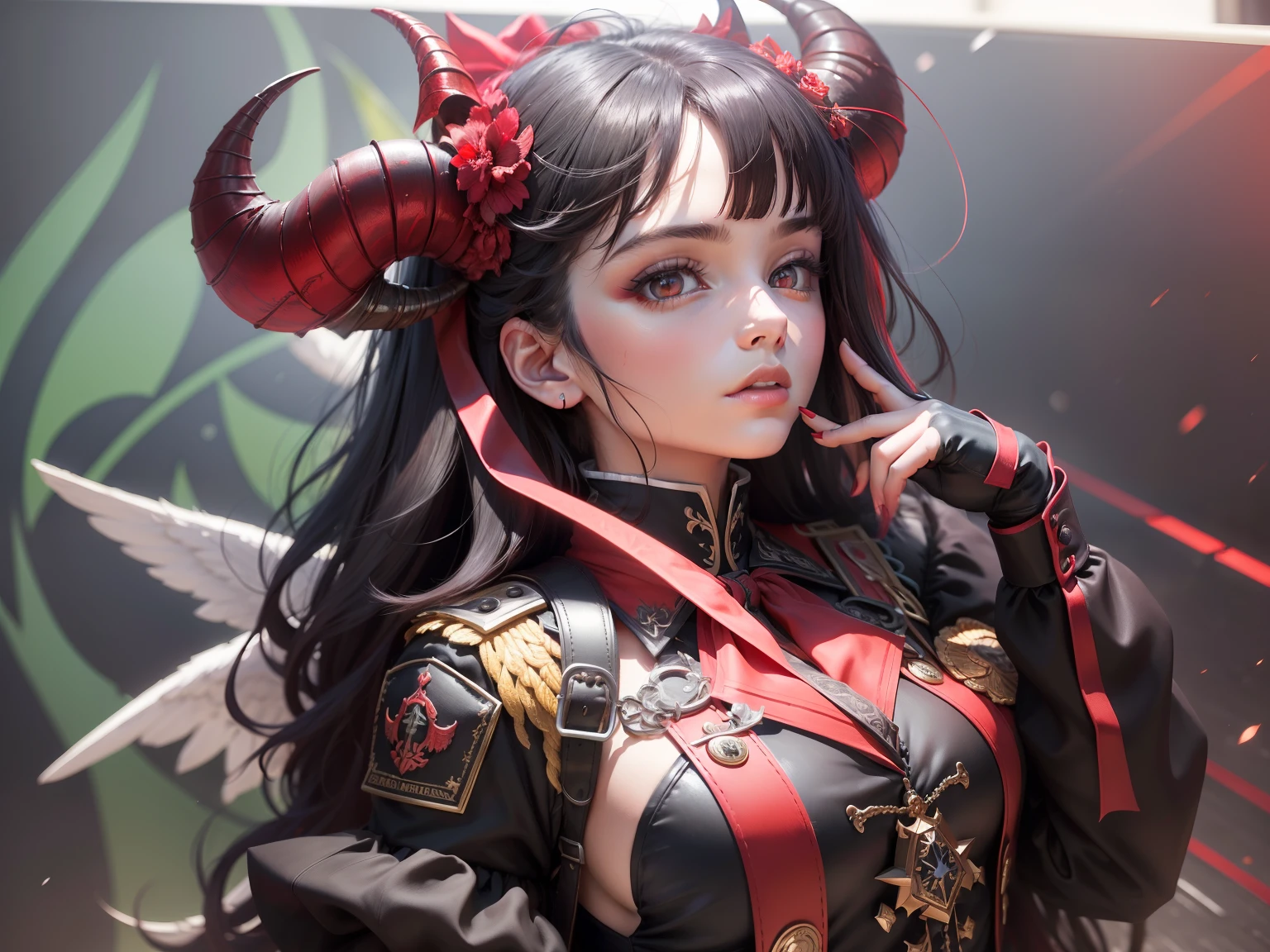 (best quality,ultra-detailliert,fotoRealistisch:1.37),Dämonenengel in Uniform,schwarze Farbe,Rote Farbe,Detailed horns on the head,scharfer Fokus,Lebendige Farben,Studiobeleuchtung,Realistisch,bokeh,hight resolution,Conceptual Artist,Professionell,portrait,Portrait of a demon angel with horns in uniform,Shades of red and black