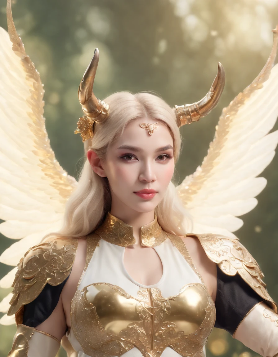 (best quality,4k,8k,highres,masterpiece:1.2),ultra-detailed,(realistic,photorealistic,photo-realistic:1.37), (Taurus anthropomorphic Angel:1.7), (Ox horn:1.3), medium shot, glowing light eyes, golden hair, Golden crystal glass material, royal flash noble, sacred, Very bright colors,Light particles, with light glowing,Mshiff,wallpaper art,UHD wallpaper, (Paired with Canon EF 35mm F/1.4L II USM lens for versatile compositions:1.2)