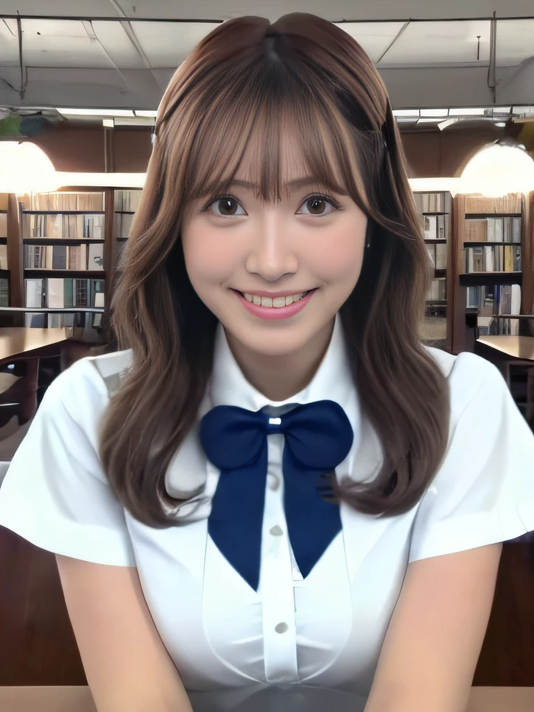 masutepiece, upperbody shot, Front view, 1 woman per 1 photo, a Japanese young pretty woman, hyper pretty face, 18 years old, studying at a desk in a library of school, (ultra gigantic tits)、A big smile, Glamorous figure, wearing a short sleeves shiny silky white collared shirt with shiny satin red plain bow tie, Glossy lips, Sweaty body, Double eyelids in both eyes, Natural makeup, long eyelashes, shiny smooth light brown hair of medium length, asymmetrical bangs, skin tanned, wearing a dark blue pleated skirt, central image, 8K resolution, high detailing, detailed hairstyle, A detailed face, spectacular movie lighting, Octane Rendering, Vibrant, A hyper-realistic, Perfect limbs, Perfect Anatomy