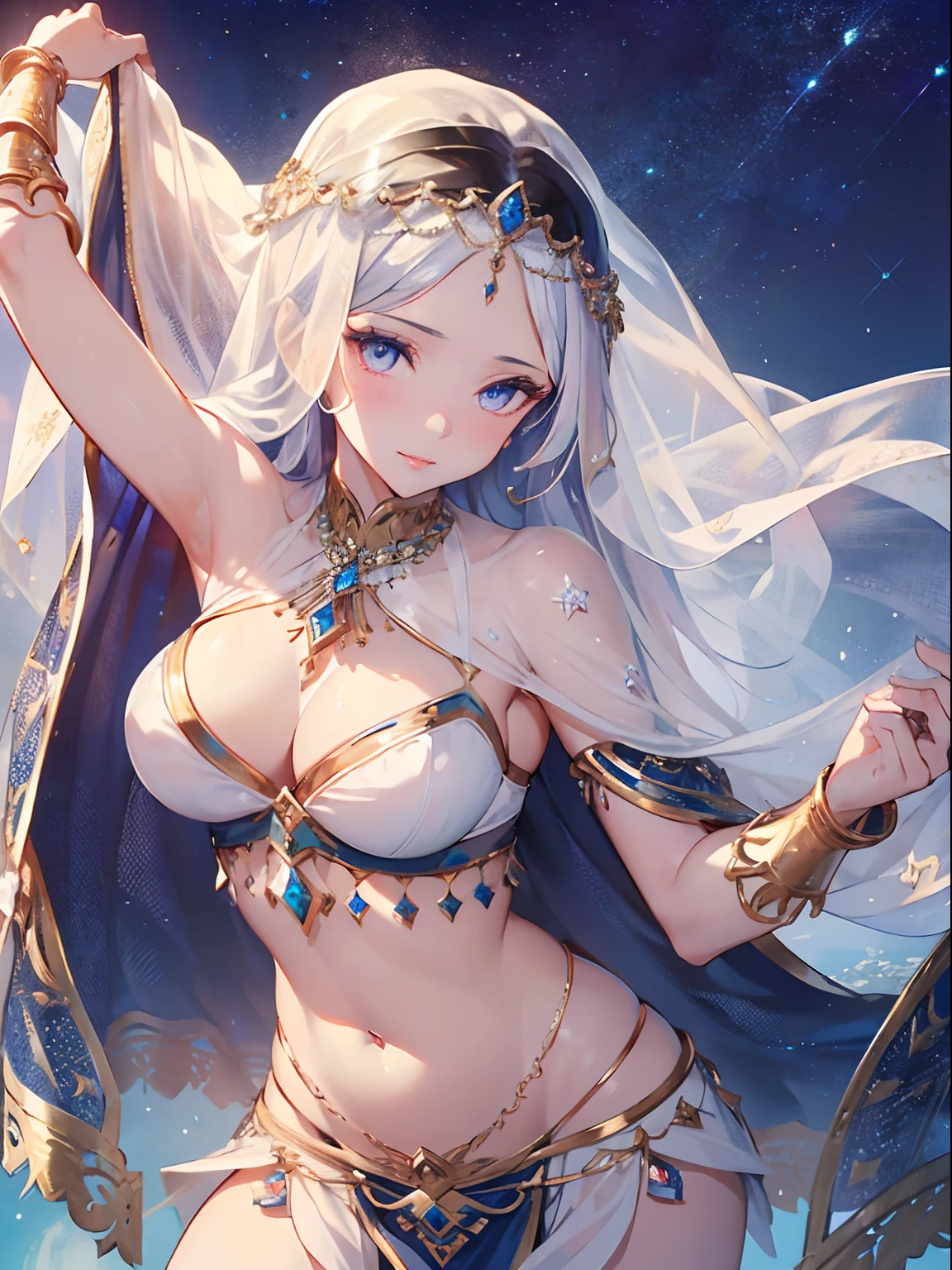 (masterpiece,of the highest quality、8K ),Insanely detailed, Caustics,One Cute Girl,(sixteen years old:1.1),Seductive smile,Mega Ponytail,Half rim(Belly Dance Dancer Costume:1.3),veils、(Face Veil:1.3),(big breasts),veils,Look at viewers,Midriff,Butt crack,Glamorous hips,(From above:1.1),(rollback :1.2),arms on head,Arabian Night、Arabian Stage、(detailed and beautiful eyes、(Glossy Lip、Crystal clear skin、White and beautiful skin:1.2),long lashes、Eye Highlights,twinkle eyes,Hyper realistic,Perfect Anatomy