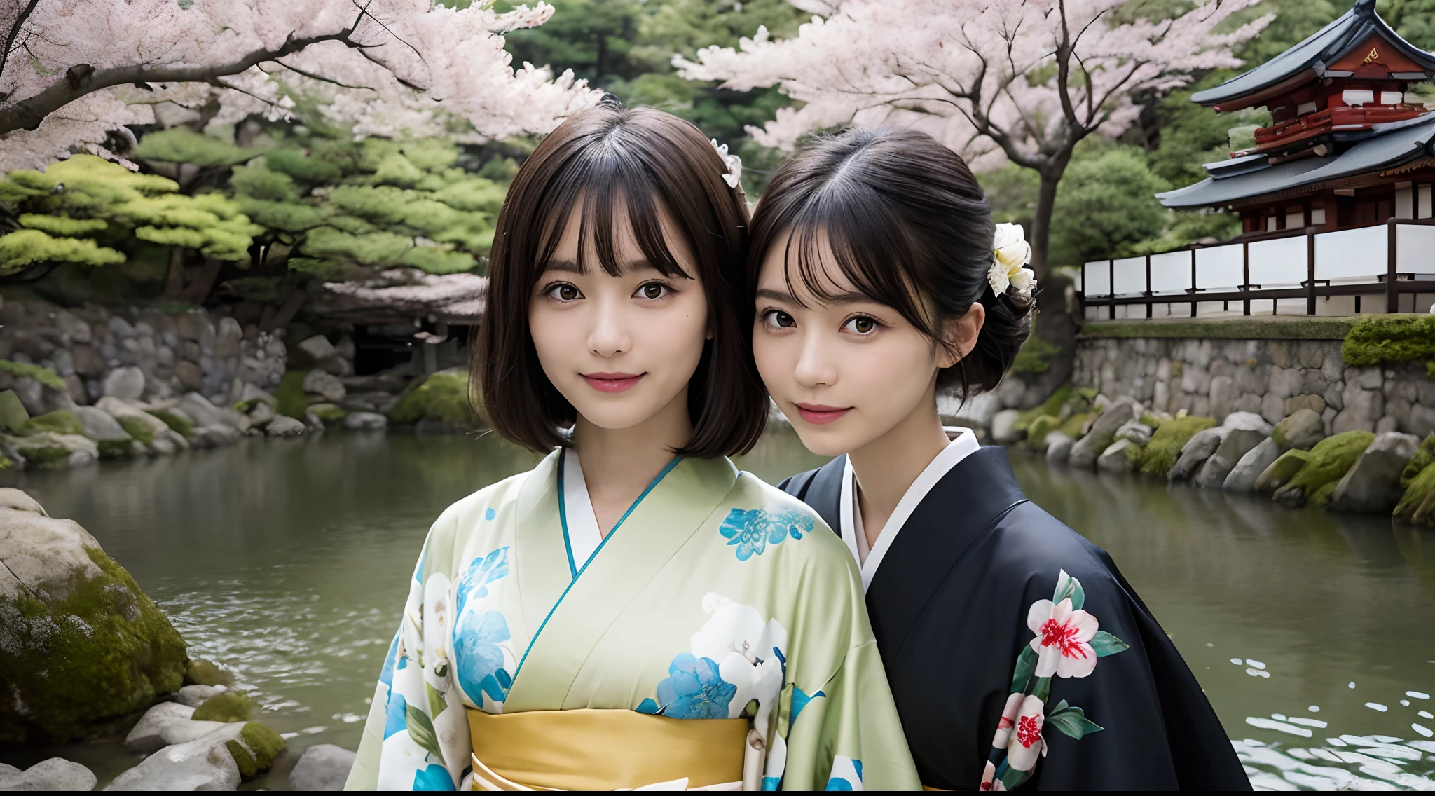 Masterpiece, Best Quality, illstration, Ultra-detailed, finely detail, hight resolution, 8K quality wallpapers, Perfect dynamic composition, Beautiful detailed eyes, Kimono, Well-formed kimono appearance, (Black shorthair), A slight smil, Looking at the camera, Kyoto Uzumasa Studio Park, Japan castle town