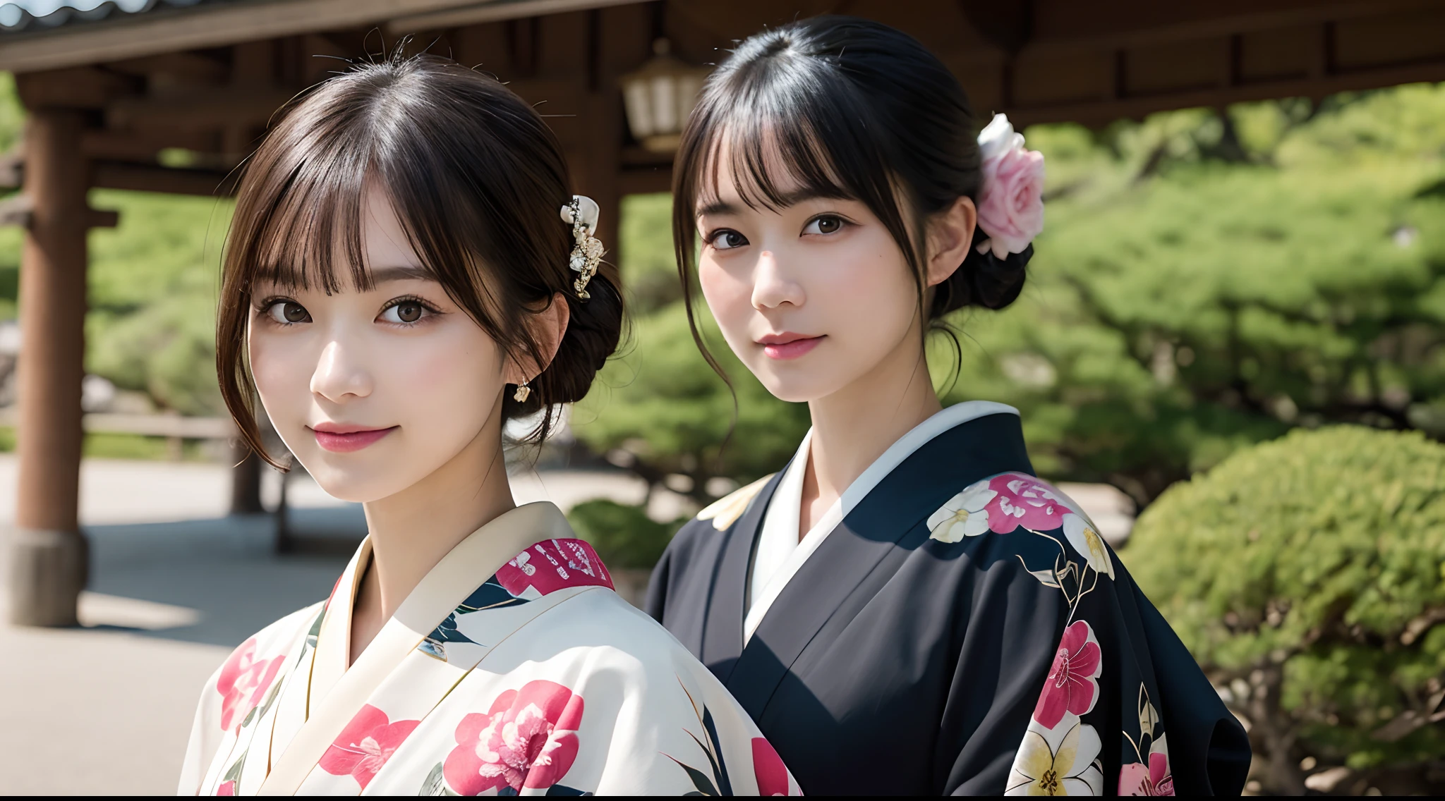 Masterpiece, Best Quality, illstration, Ultra-detailed, finely detail, hight resolution, 8K quality wallpapers, Perfect dynamic composition, Beautiful detailed eyes, Kimono, Well-formed kimono appearance, (Black shorthair), A slight smil, Looking at the camera, Kyoto Uzumasa Studio Park, Japan castle town