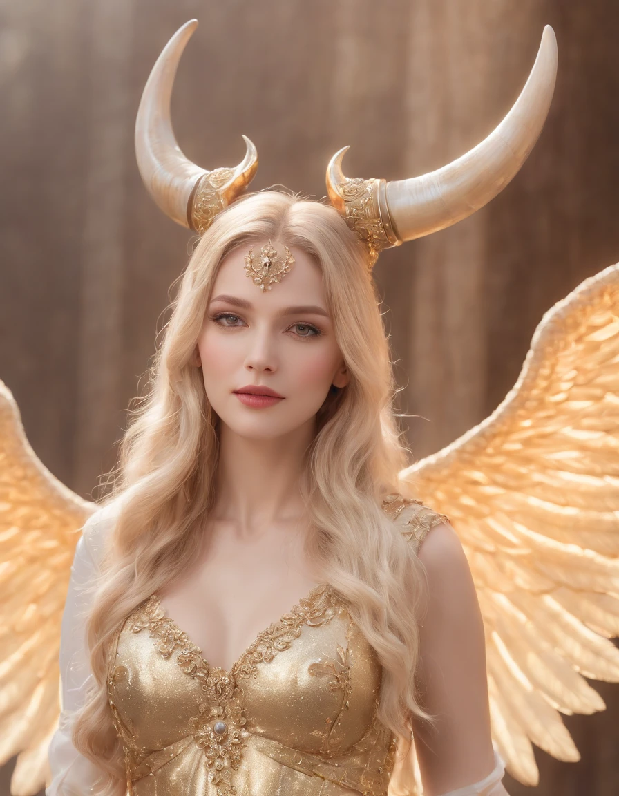 (best quality,4k,8k,highres,masterpiece:1.2),ultra-detailed,(realistic,photorealistic,photo-realistic:1.37), Taurus anthropomorphic Angel:1.7, (Ox horn:1.3), medium shot, glowing light eyes, golden hair, Golden crystal glass material, royal flash noble, sacred, Very bright colors,Light particles, with light glowing,Mshiff,wallpaper art,UHD wallpaper, (Paired with Canon EF 35mm F/1.4L II USM lens for versatile compositions:1.2)