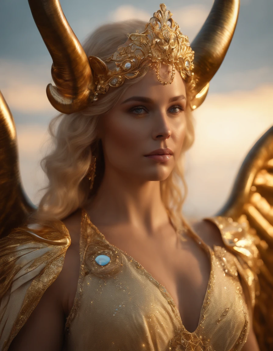 (best quality,4k,8k,highres,masterpiece:1.2),ultra-detailed,(realistic,photorealistic,photo-realistic:1.37), Taurus anthropomorphic Angel:1.7, (Ox horn:1.3), medium shot, glowing light eyes, golden hair, Golden crystal glass material, royal flash noble, sacred, Very bright colors,Light particles, with light glowing,Mshiff,wallpaper art,UHD wallpaper, (Paired with Canon EF 35mm F/1.4L II USM lens for versatile compositions:1.2)