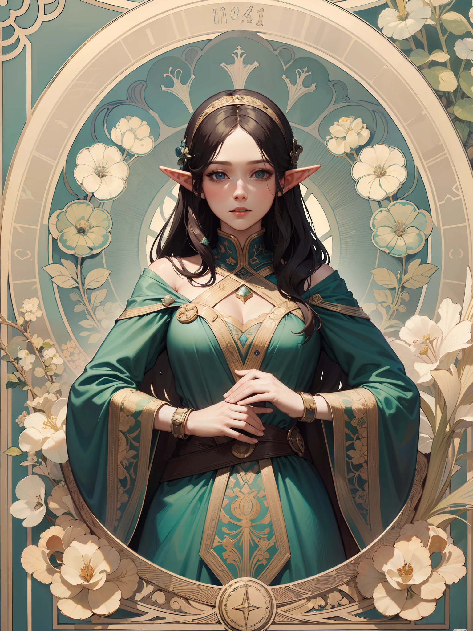 (Masterpiece, Best Quality, Highres:1.4 image of Elf woman), Detailed, Intricate Details, 4K, line art, Art Nouveau style, influence by John William Waterhouse and Alphons Mucha