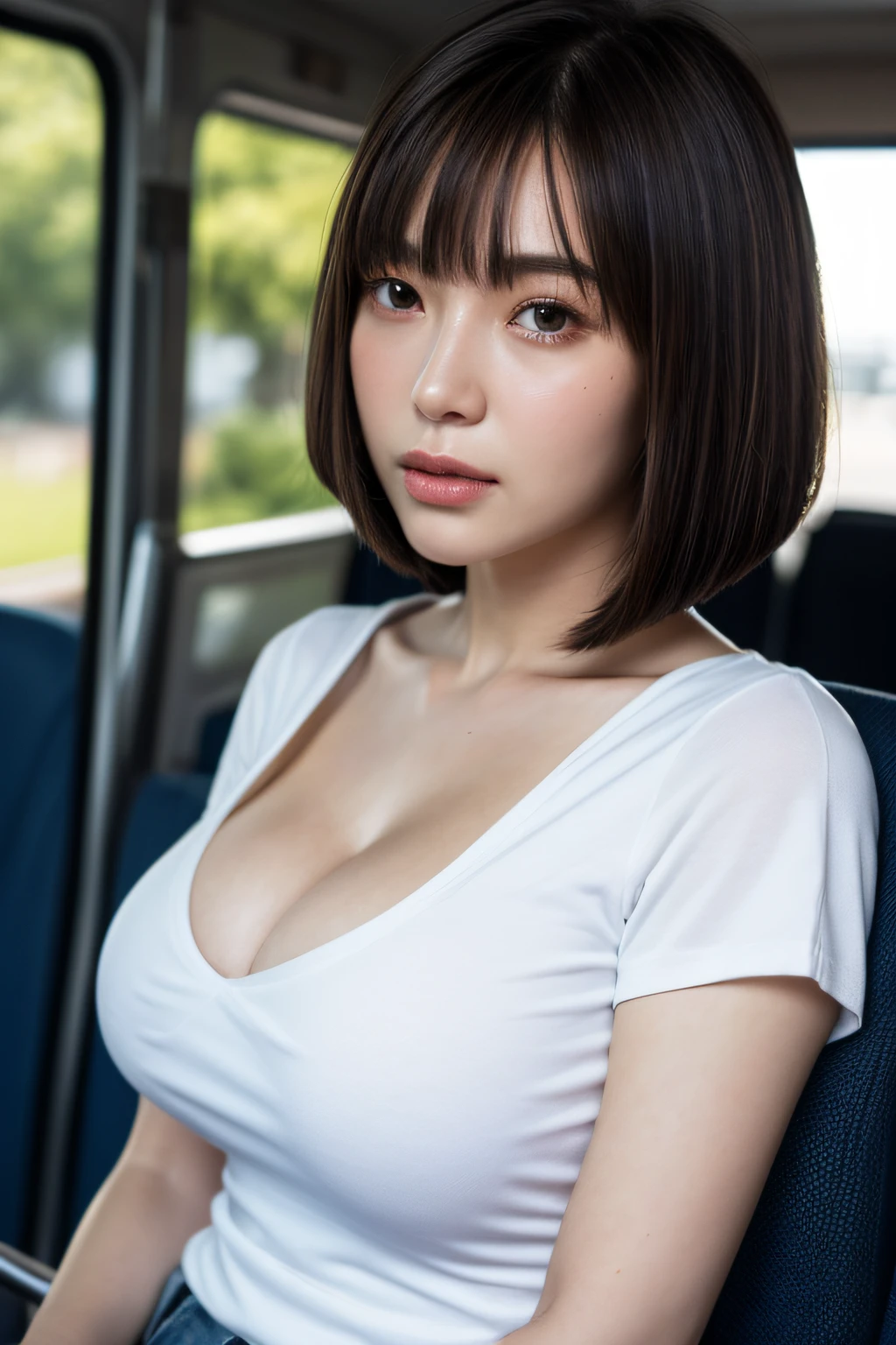 1 beautiful woman, Large body, brunette, Bob Cut Hair, hyperdetailed face、Detailed lips、A detailed eye、Huge breasts, 二重まぶた, blouse, Short-sleeved blouse, a miniskirt, cleavage, Panchira Shot、(thighs thighs thighs thighs), Sitting on the bus、8K, masutepiece, Best Quality, ultra-detailliert, 超A high resolution, professional photograpy, Official art, Wallpaper, hyper realisitic, Photorealistic, Realistic