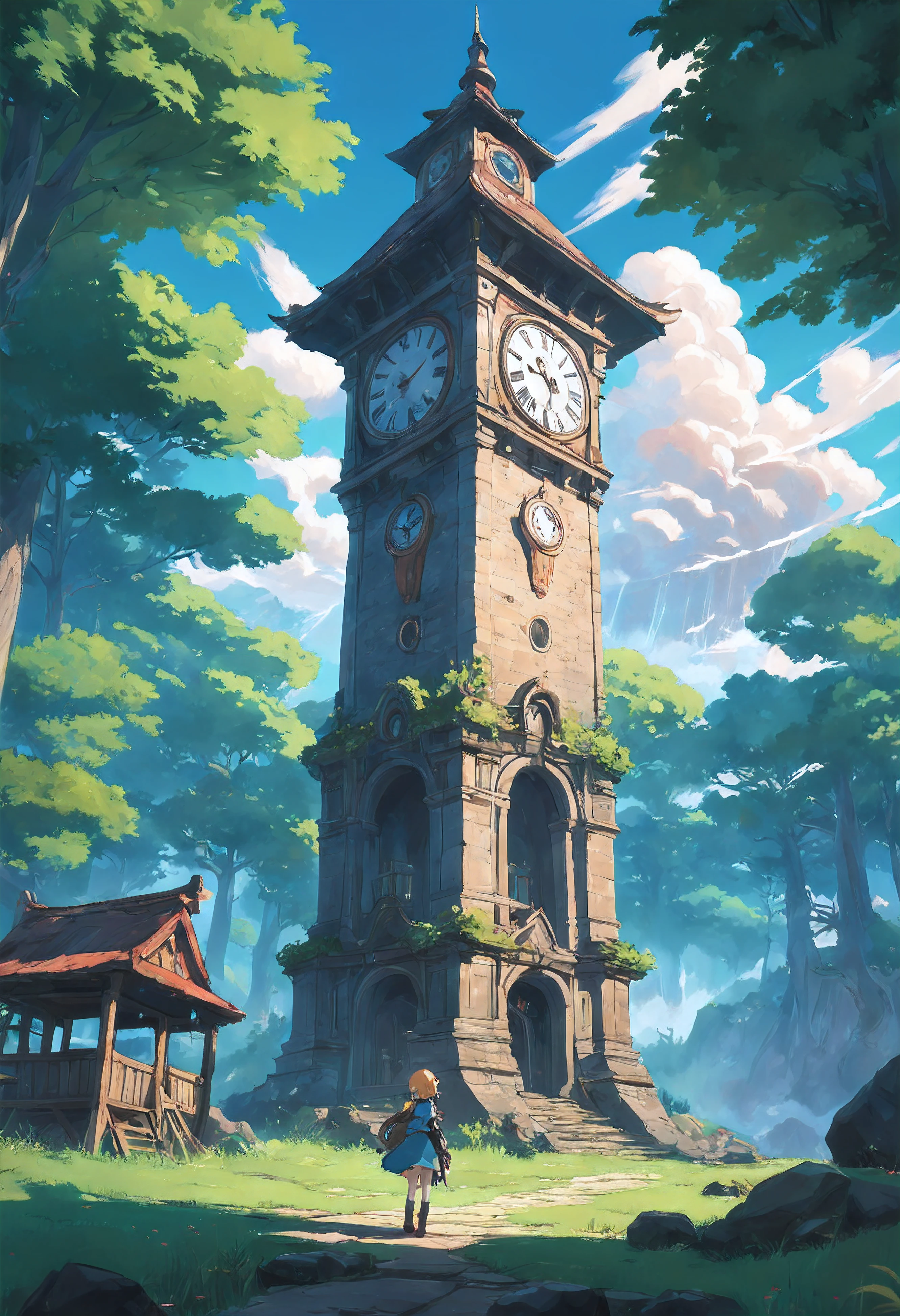 botw style, A clock tower standing tall in a small town within the forest