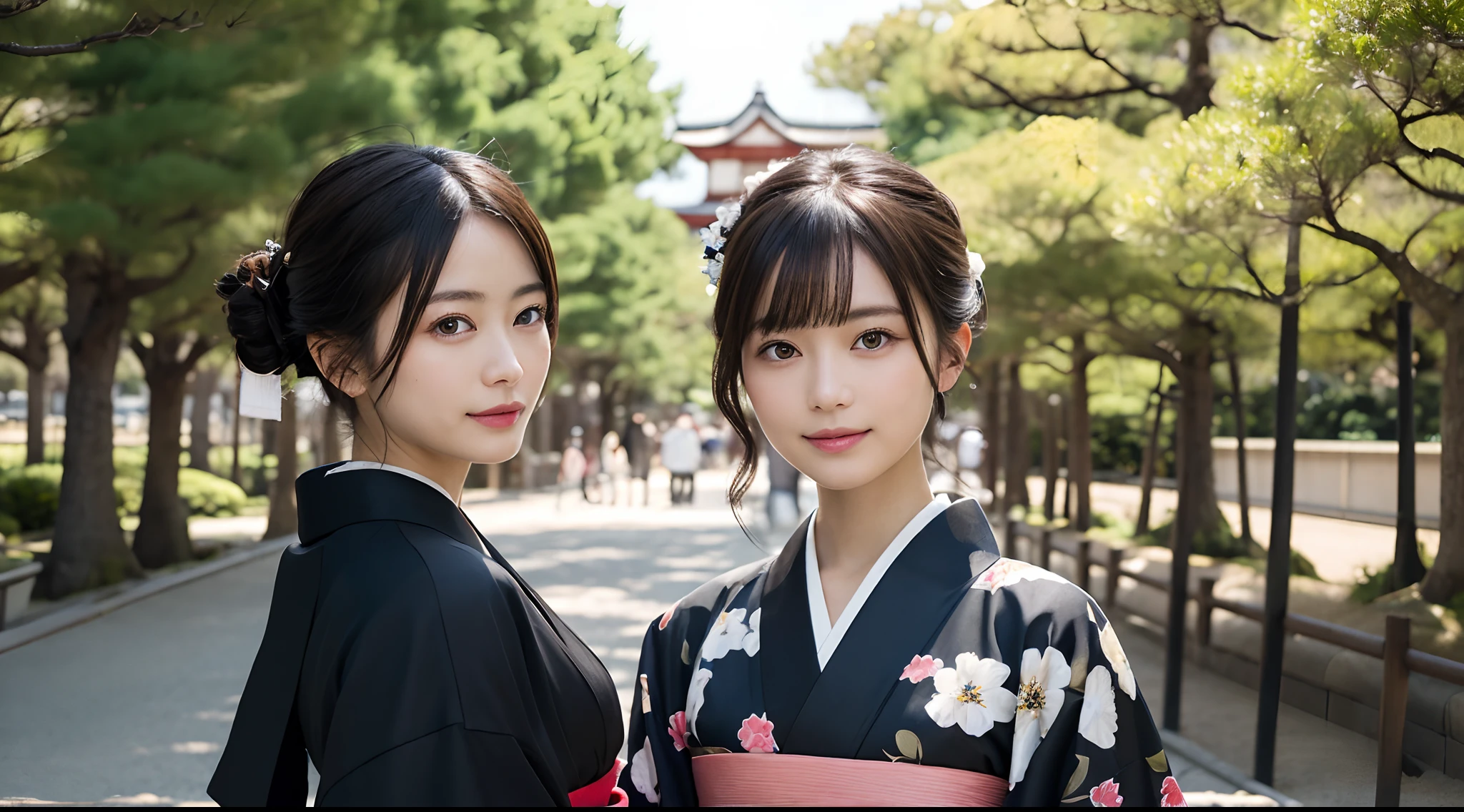 Masterpiece, Best Quality, illstration, Ultra-detailed, finely detail, hight resolution, 8K quality wallpapers, Perfect dynamic composition, Beautiful detailed eyes, Kimono, Well-formed kimono appearance, (Black shorthair), A slight smil, Looking at the camera, Kyoto Uzumasa Studio Park, Japan castle town