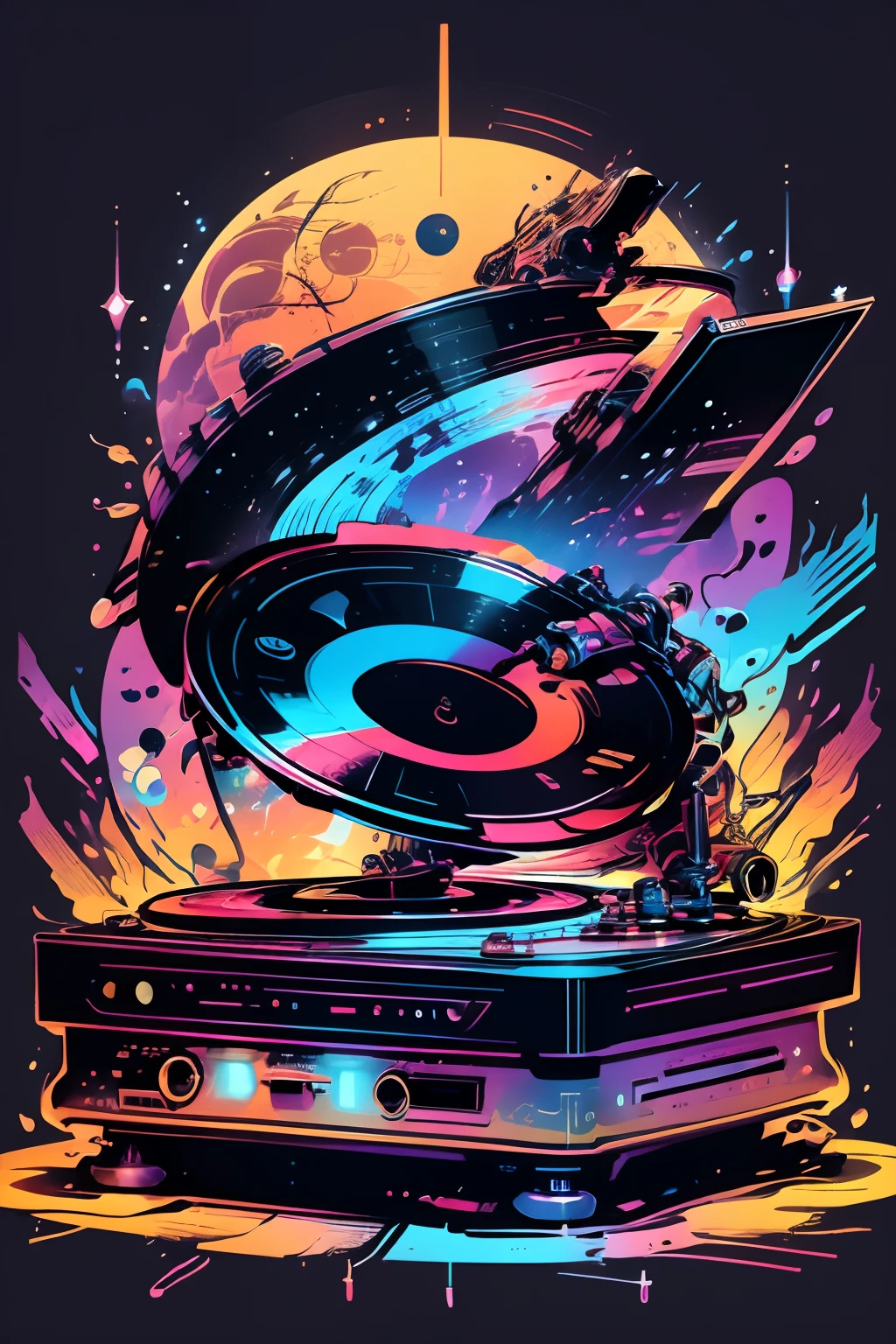 Illustrate a DJ turntable with vinyl records spinning in space, surrounded by galaxies, stars, and celestial objects. This design can capture the cosmic vibe of music.