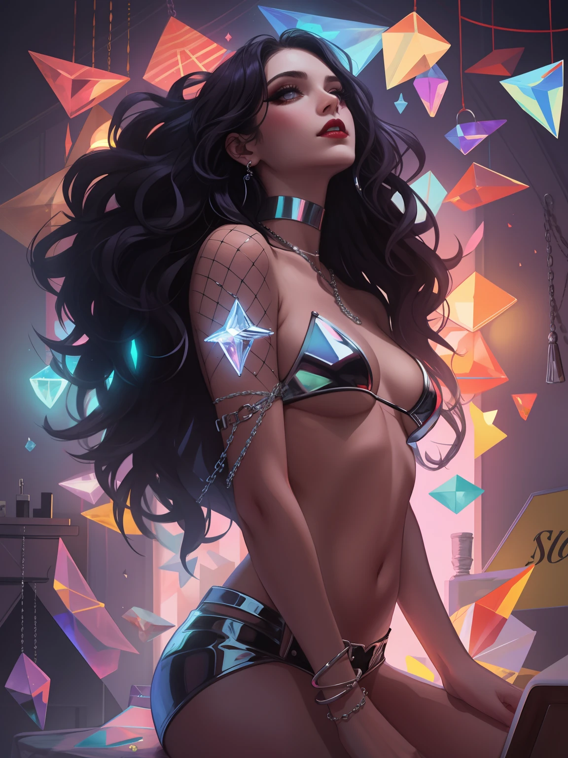 tarot card, Model: long wavy hair, full scarlet dark lips, Smoky eyes, BREAK,, Broken glass, crystals, neon lights, BREAK, Polychromatic geometric patterns,Heart, Arms and legs, BREAK, Accessories: Chrome-plated chains with torn body, Silver Choker, black feathered white black wings, Naked, Topless, naked body,BREAK,on chair, looking forward. tmasterpiece, Masterpiece quality