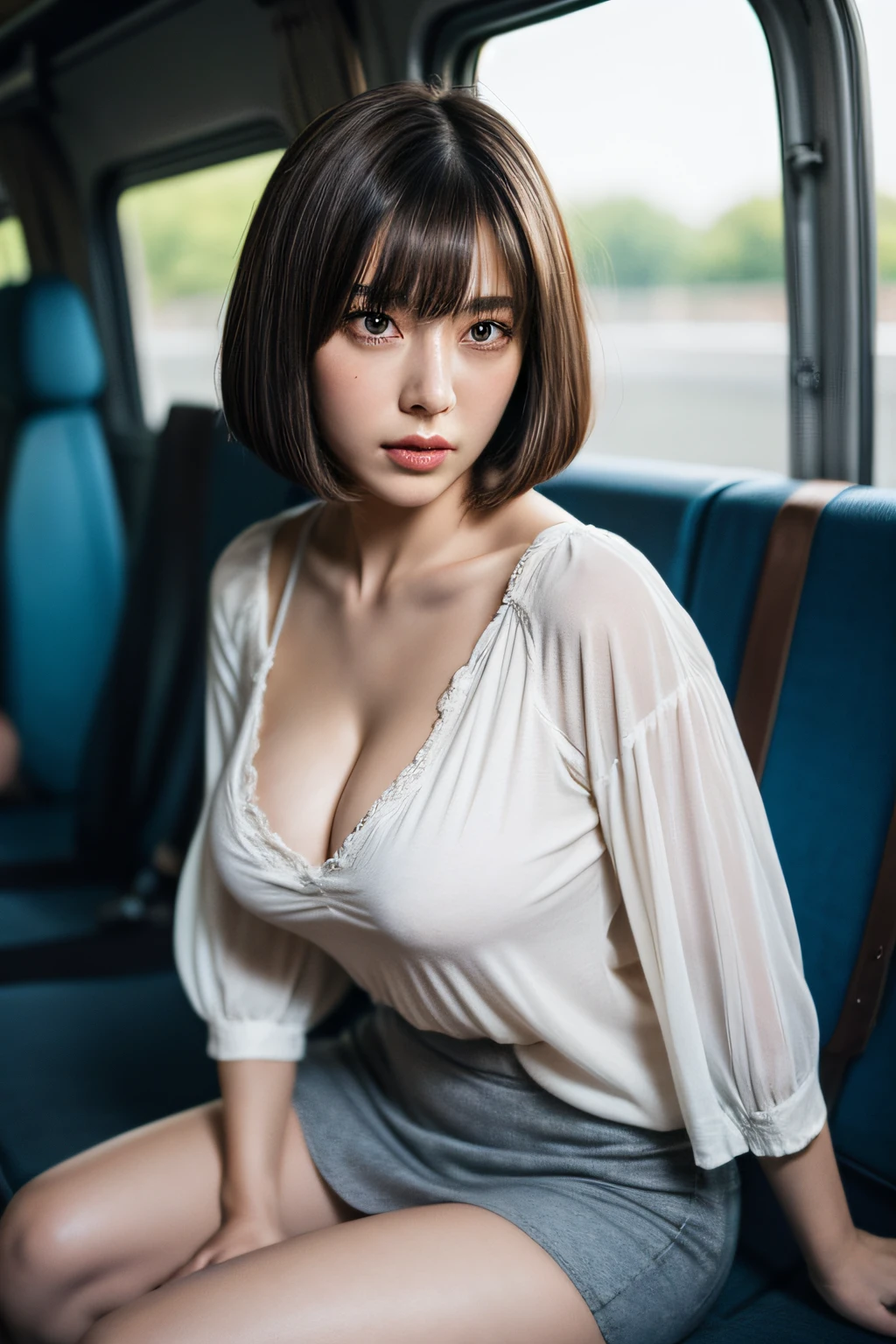 1 beautiful woman, Large body, brunette, Bob Cut Hair, hyperdetailed face、Detailed lips、A detailed eye、Huge breasts, 二重まぶた, Blouse, Short-sleeved blouse, (a miniskirt), cleavage, panties on、(thighs thighs thighs thighs), Sitting on the bus、8K, masutepiece, Best Quality, ultra-detailliert, 超A high resolution, professional photograpy, Official art, Wallpaper, hyper realisitic, Photorealistic, Realistic