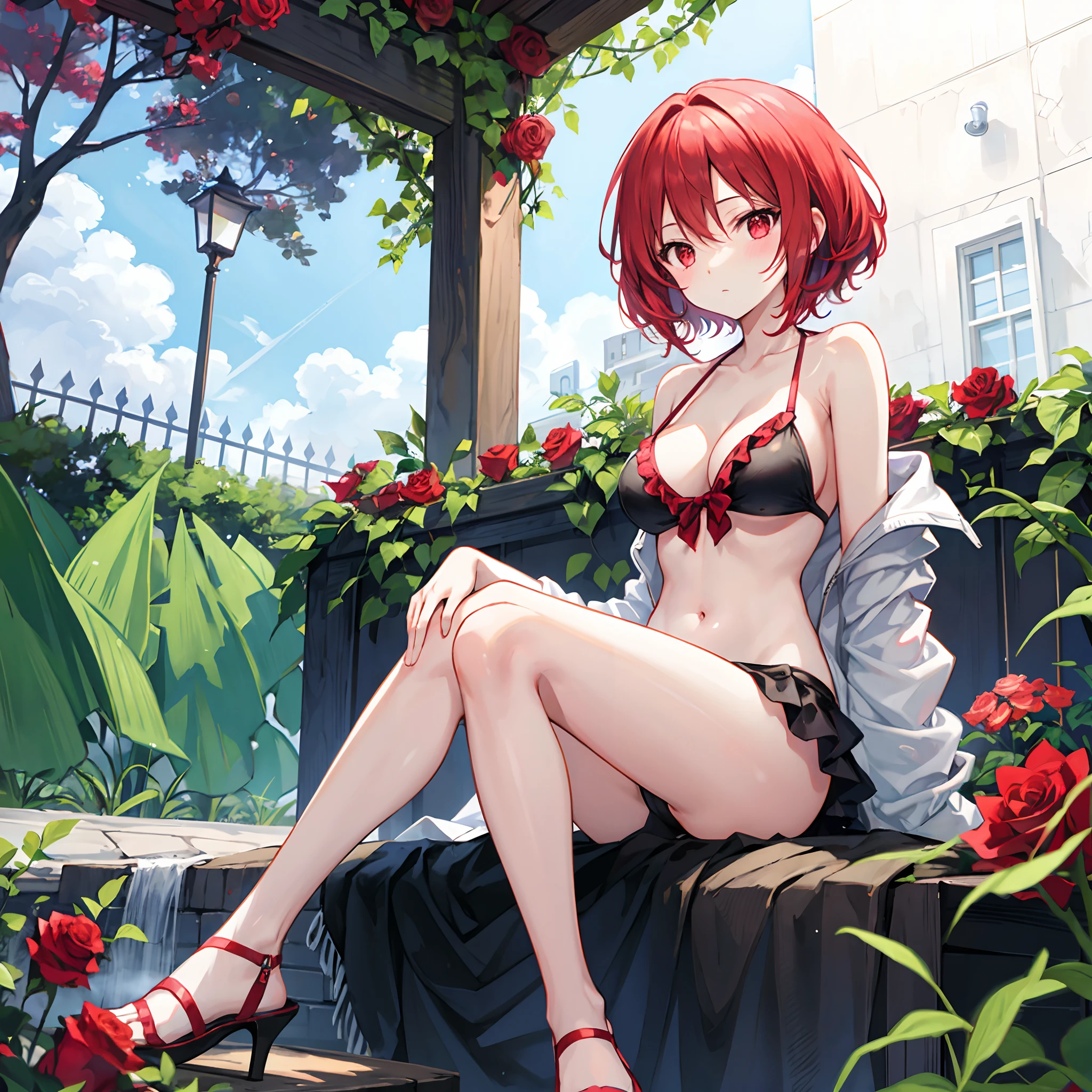 Red hair、red eyes、Beautiful girl alone、The bikini、rose garden、sitting on、gravure