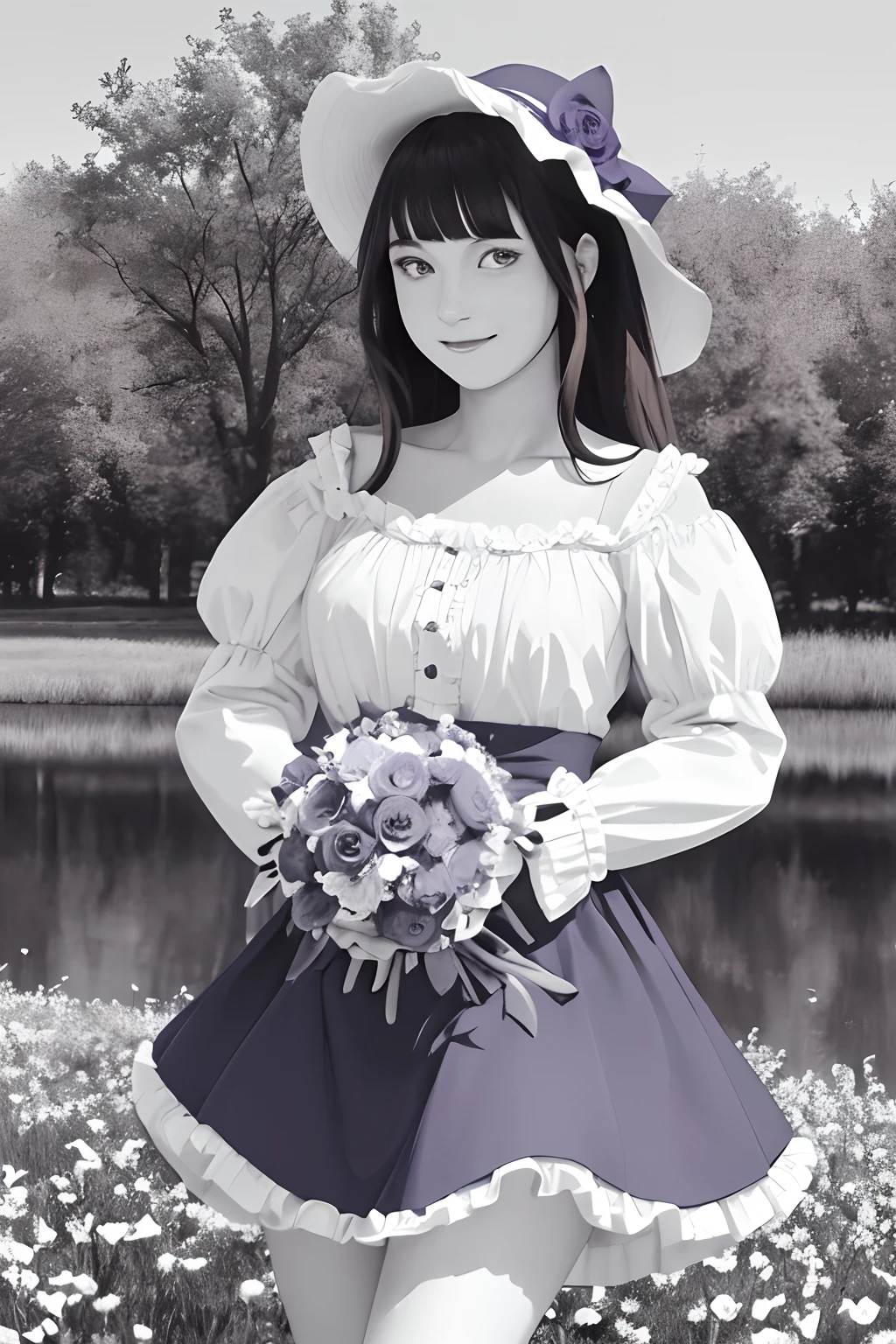 masterpiece, best quality, 1girl, solo, long_hair, looking_at_viewer, smile, Blunt Bangs, purple eyes, dark blue hair, skirt, shirt, long_sleeves, hat, dress, bow, holding, closed_mouth, flower, frills, hair_flower, petals, bouquet, holding_flower, center_frills, bonnet, holding_bouquet, flower field, flower field, lineart, monochrome