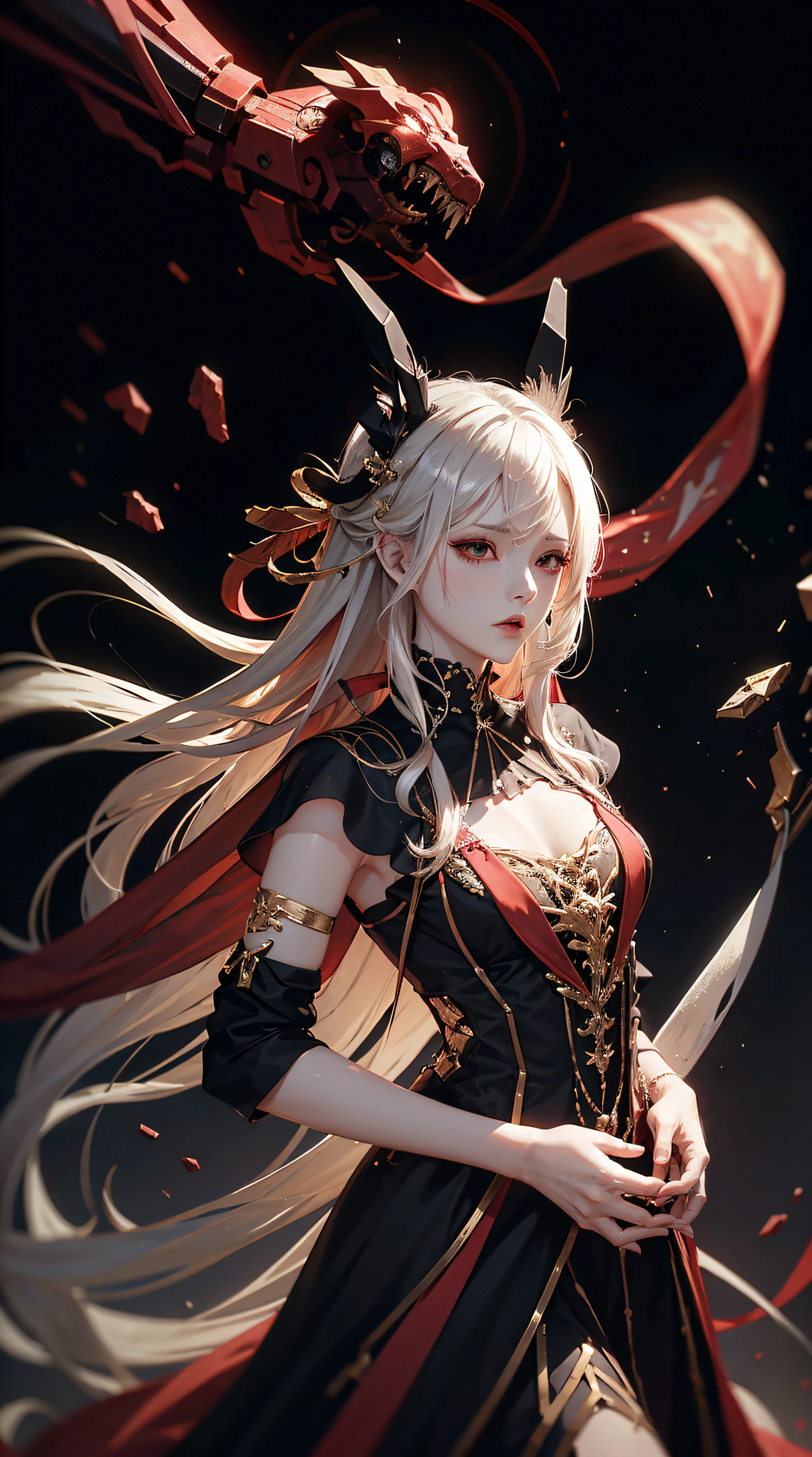 8K分辨率，Highest image quality，Dark style，Demon erosion，Light and dark opposites，tmasterpiece，Master composition，Rich artistic conception，(Long flowing white hair:1.3)，despise，(Black and red dress:1.4)，Elegant and domineering，Fairy temperament，shock，Neat and bright sword，fusionart，hight contrast，cyber punk perssonage，Professional photography pose，Sony telephoto HD portrait