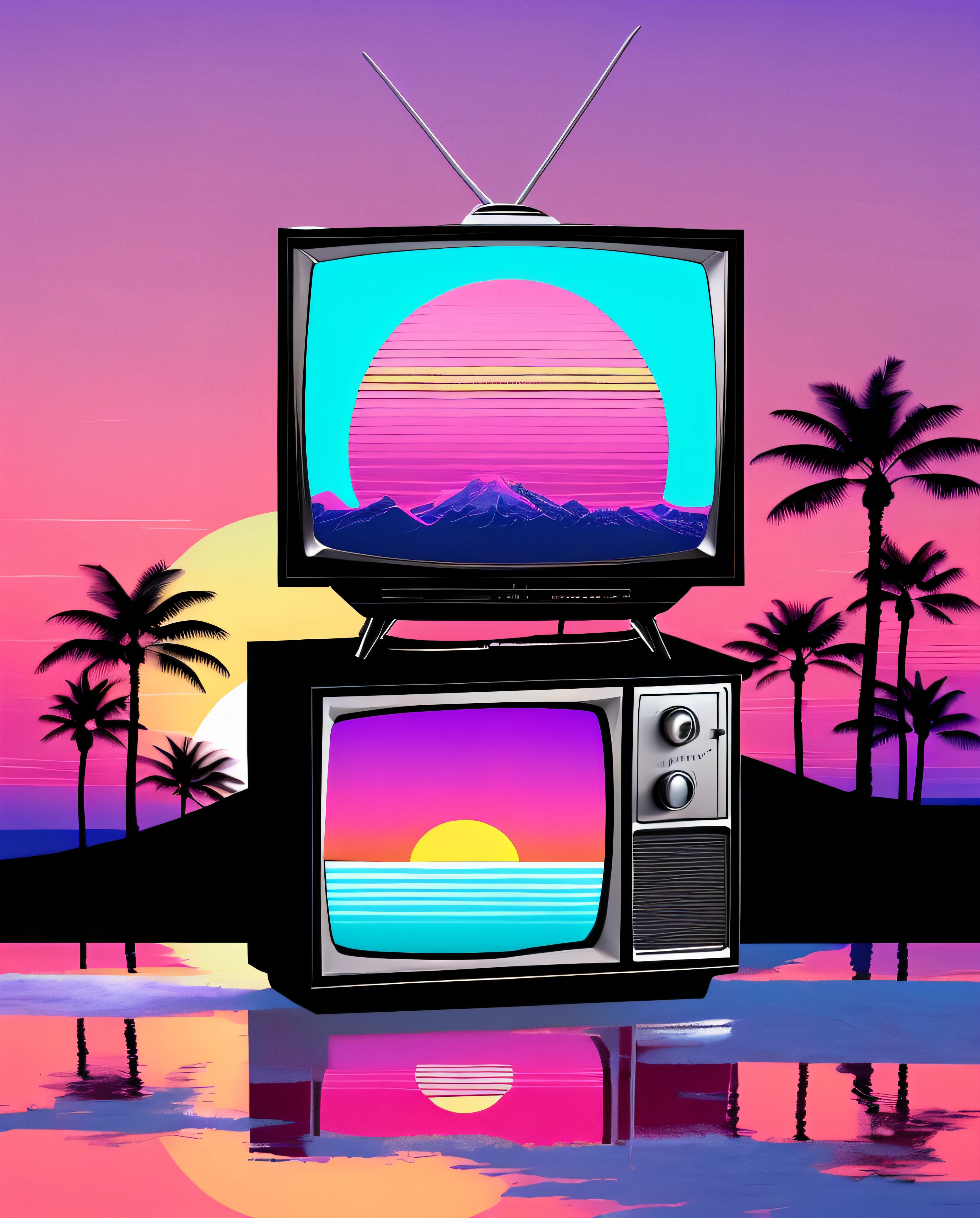 a retro tv with a sunset scene on it