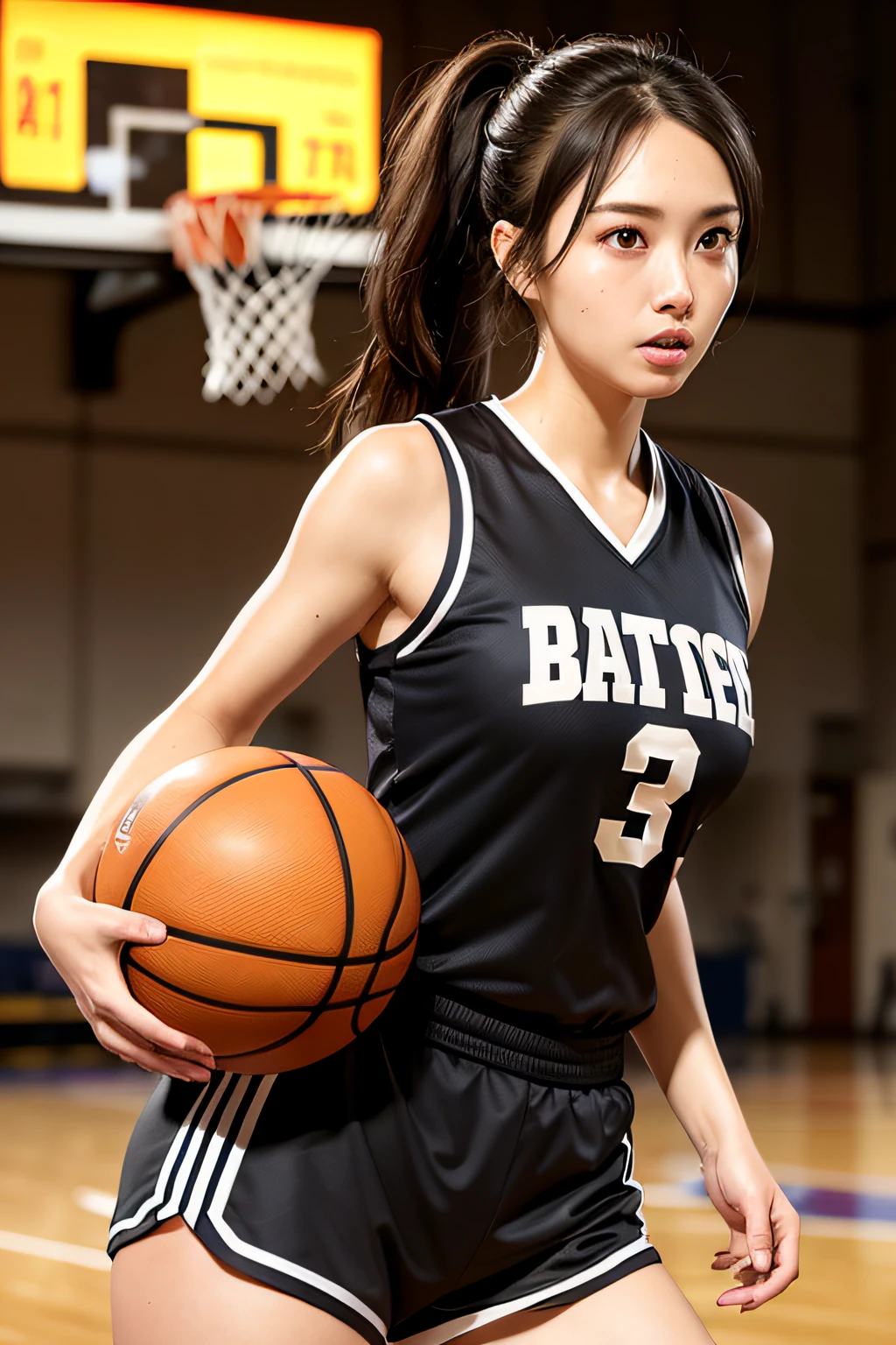 (Original), (Basketball Game), (Best Quality), (Masterpiece), Photographic Reality, Realistic, Very Detailed Illustration, (1 Girl), Beautiful Eyes, (Delicate Face), Perfect Detail, (Best Lighting), (Super Complex Detail), (Basketball Girl), (Basketball Court), (Basketball Girl), (Basketball Court), Sweat, Heavy Breathing, (Basketball Game), Sports Shorts, Perfect Details, Perfect Fingers, Perfect Limbs, Impact, (Shiny Skin), Abs, Muscles, Waist Line, Sports Shorts, Black Hair, High Ponytail , super long hair, 4K uniform, (super fine CG: 1.2), (8K: 1.2), realistic, octane rendering
