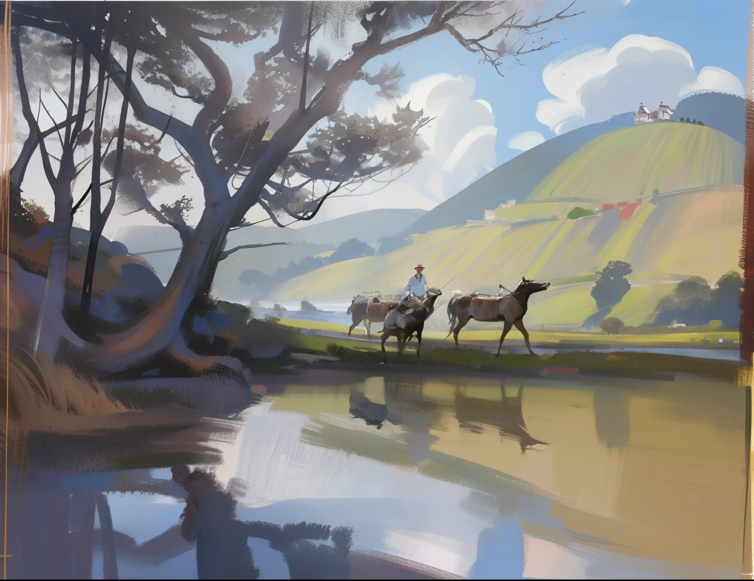 pintura de uma carruagem puxada por cavalos descendo um rio com um homem sobre ele, inspirado em George Stubbs, cena tranquila, High reflection oil, Directed by: Geoffrey Olsen, inspirado em Rosa Bonheur, em uma paisagem serena, peaceful scene, Directed by: Geoffrey Dyer, Directed by: Edmund Greacen, Directed by: John Atherton, Directed by: Donald Roller Wilson, Directed by: Gwilym Prichard