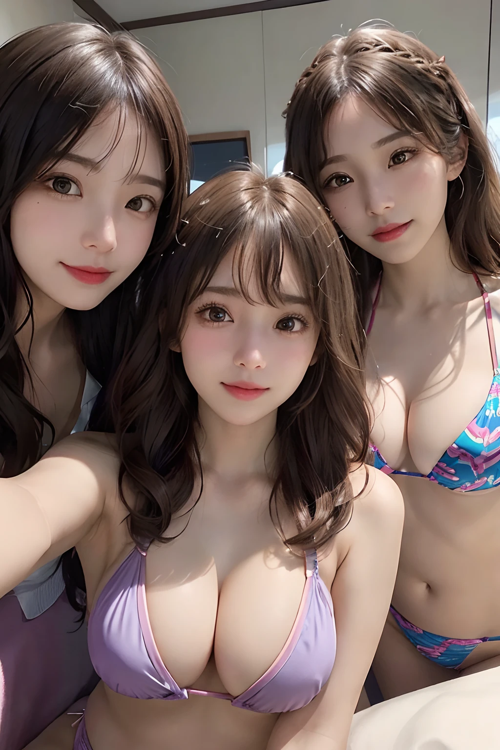 (frombelow:1.4)、(Three Girls:1.4)、Light Brown Fringe Hair、Braided hair、disheveled hair、Light brown eyes、(A smile)、(爆乳:1.5)、(Emphasize the valley:1.3)、fittingroom、Photorealsitic、(Shadow:1.1)、(intricate detailes:1.2)、(masutepiece、:1.3)、(top-quality:1.4)、(超A high resolution:1.2)、超A high resolution、(A detailed eye)、(detailed facial features)、(Colorful bikini:1.2), (Lower breast:1.3)、(selfee:1.3)、Girls side by side