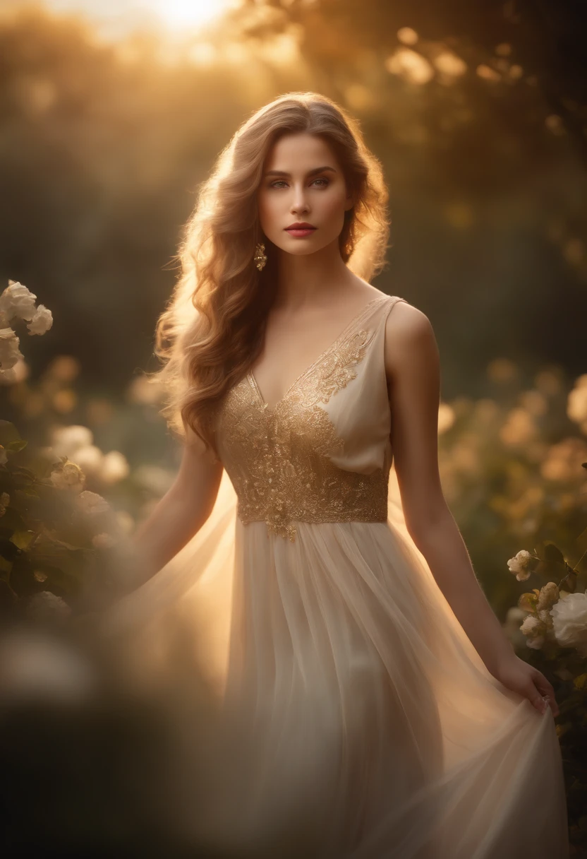 (best quality,ultra-detailed,realistic:1.37),female figure,evening light,beautiful detailed eyes,beautiful detailed lips,flowing hair,golden dress,magical atmosphere,garden scene,soft and warm colors,ethereal pose,luminous glow,impressionistic artwork,subtle light and shadow,impression of tranquility and serenity,feminine and graceful presence,subtle details,soft focus,harmonious composition,artistic interpretation,painterly style,captivating and mystical ambiance