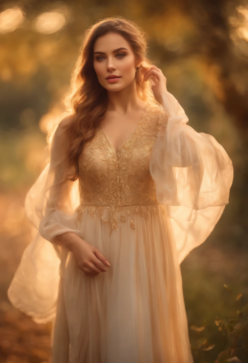 (best quality,ultra-detailed,realistic:1.37),female figure,evening light,beautiful detailed eyes,beautiful detailed lips,flowing hair,golden dress,magical atmosphere,garden scene,soft and warm colors,ethereal pose,luminous glow,impressionistic artwork,subtle light and shadow,impression of tranquility and serenity,feminine and graceful presence,subtle details,soft focus,harmonious composition,artistic interpretation,painterly style,captivating and mystical ambiance