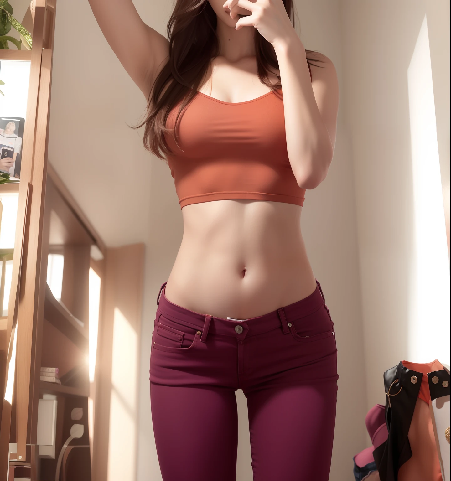 araffe red jeans a woman wearing a low cut purple top large breasts taking a selfie in a mirror with a cell phone, photo of slim girl, skinny waist and thick hips, orange jeans purple shirt, photo of slim girl model, slender waist, thin waist, full extremely slim body, fit dainty figure, fit pic, her belly button is exposed, 2 4 year old female model, thin-waist, tinyest midriff ever