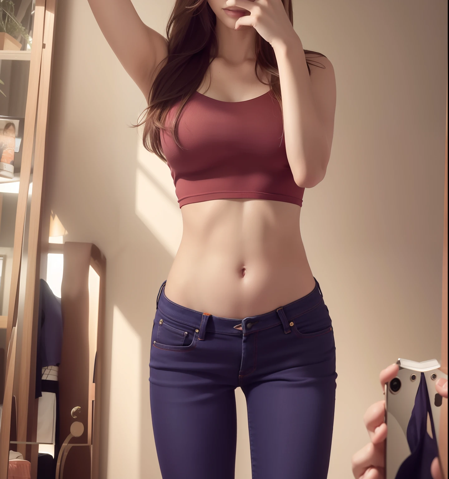 araffe red jeans a woman wearing a low cut purple top large breasts taking a selfie in a mirror with a cell phone, photo of slim girl, skinny waist and thick hips, orange jeans purple shirt, photo of slim girl model, slender waist, thin waist, full extremely slim body, fit dainty figure, fit pic, her belly button is exposed, 2 4 old female model, thin-waist, tinyest midriff ever
