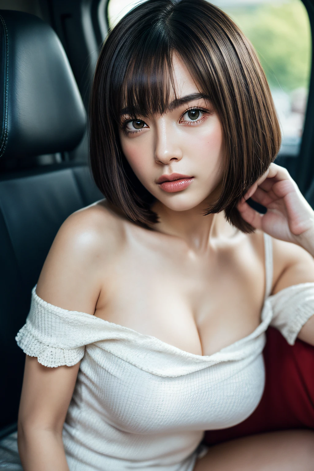 1 beautiful woman, Large body, brunette, Bob Cut Hair, hyperdetailed face、Detailed lips、A detailed eye、Huge breasts, 二重まぶた, Blouse, Short-sleeved blouse, (a miniskirt), cleavage, panties on、(thighs thighs thighs thighs), Sitting on the bus、8K, masutepiece, Best Quality, ultra-detailliert, 超A high resolution, professional photograpy, Official art, Wallpaper, hyper realisitic, Photorealistic, Realistic