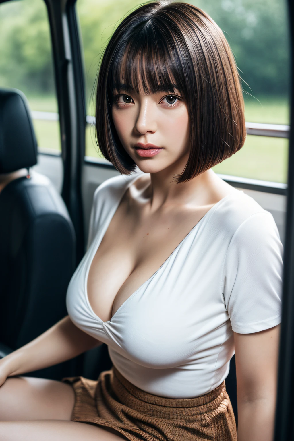 1 beautiful woman, Large body, brunette, Bob Cut Hair, hyperdetailed face、Detailed lips、A detailed eye、Huge breasts, 二重まぶた, Blouse, Short-sleeved blouse, (a miniskirt), cleavage, panties on、(thighs thighs thighs thighs), Sitting on the bus、8K, masutepiece, Best Quality, ultra-detailliert, 超A high resolution, professional photograpy, Official art, Wallpaper, hyper realisitic, Photorealistic, Realistic