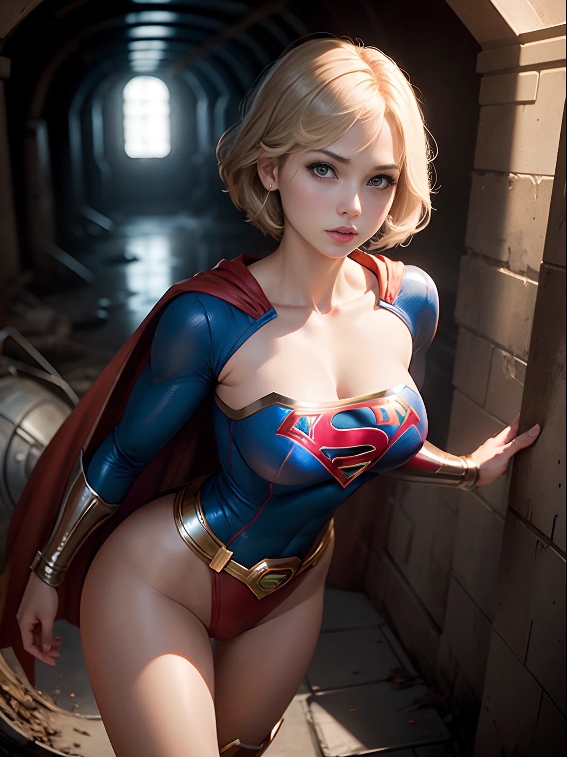 masterpiece、Short-haired Supergirl exploring inside the sewers、large full breasts、Looking at the camera、Glossy costume、