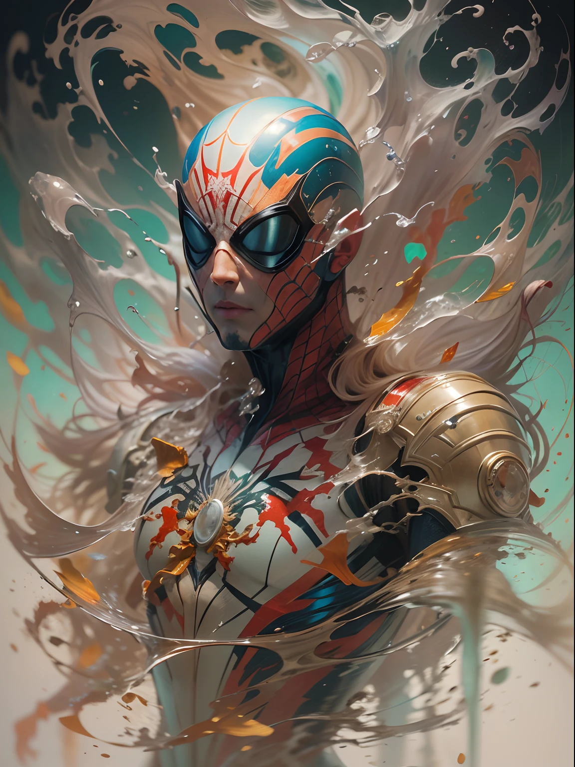 (Best quality), (Masterpiece), (Detailed), Complex, (Funky oil painting: 1.2), [Vitality | Elite] Spider Man, Portrait, with ultra detailed ink in the water, (uneven and mottled skin: 1.1), (Smooth limb fluid art: 1.2), by Amano, by Greg Rutkowski, by Alphonse mucha by Jeremy Lipkin, by artgem, digital art, octane rendering, (High resolution: 1.2)