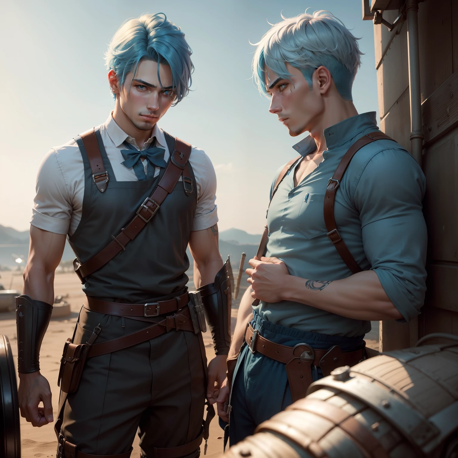 male people，battleing，Light blue hair，the bow，mechanic