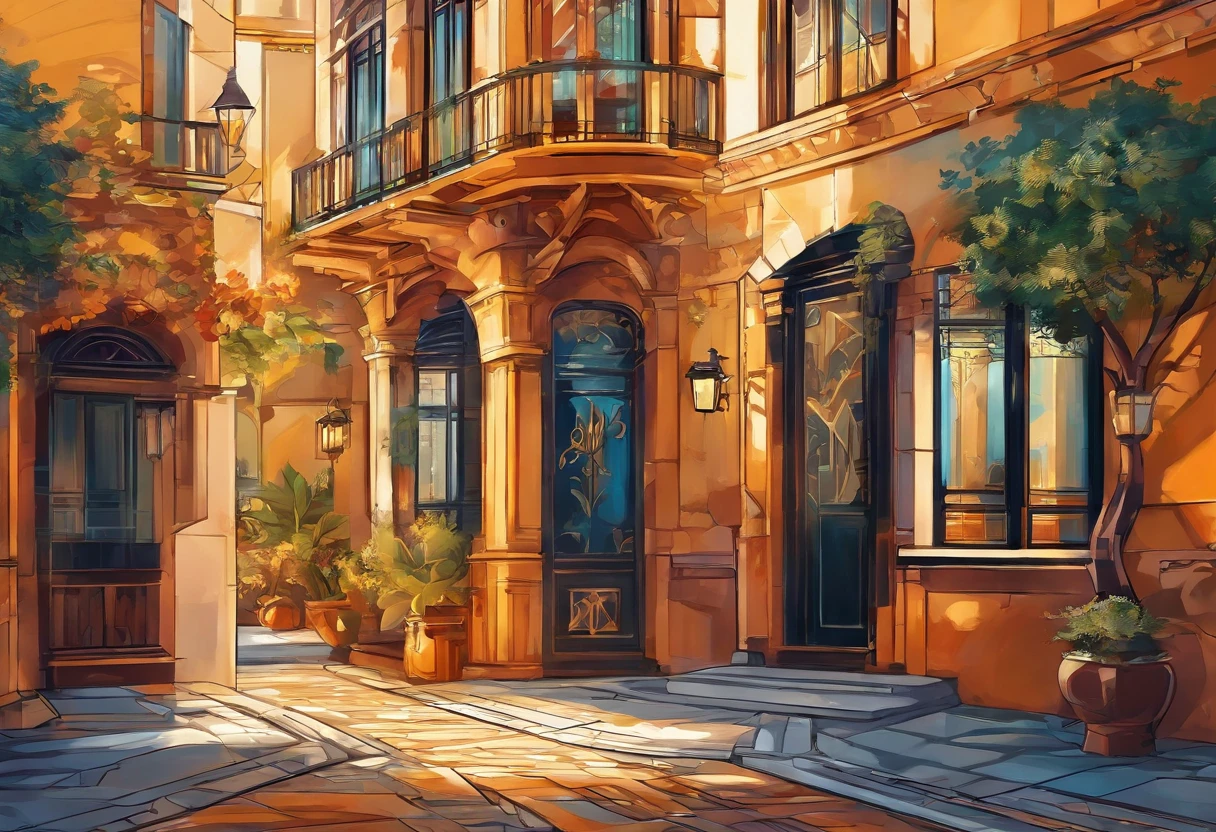 Amber City, A street with a stone paved road with European stone houses from the first half of the 20th century, High quality shadows, High quality of light, High quality clothing, Masterpiece picture quality, max detail, Masterpiece quality., a painting, painting