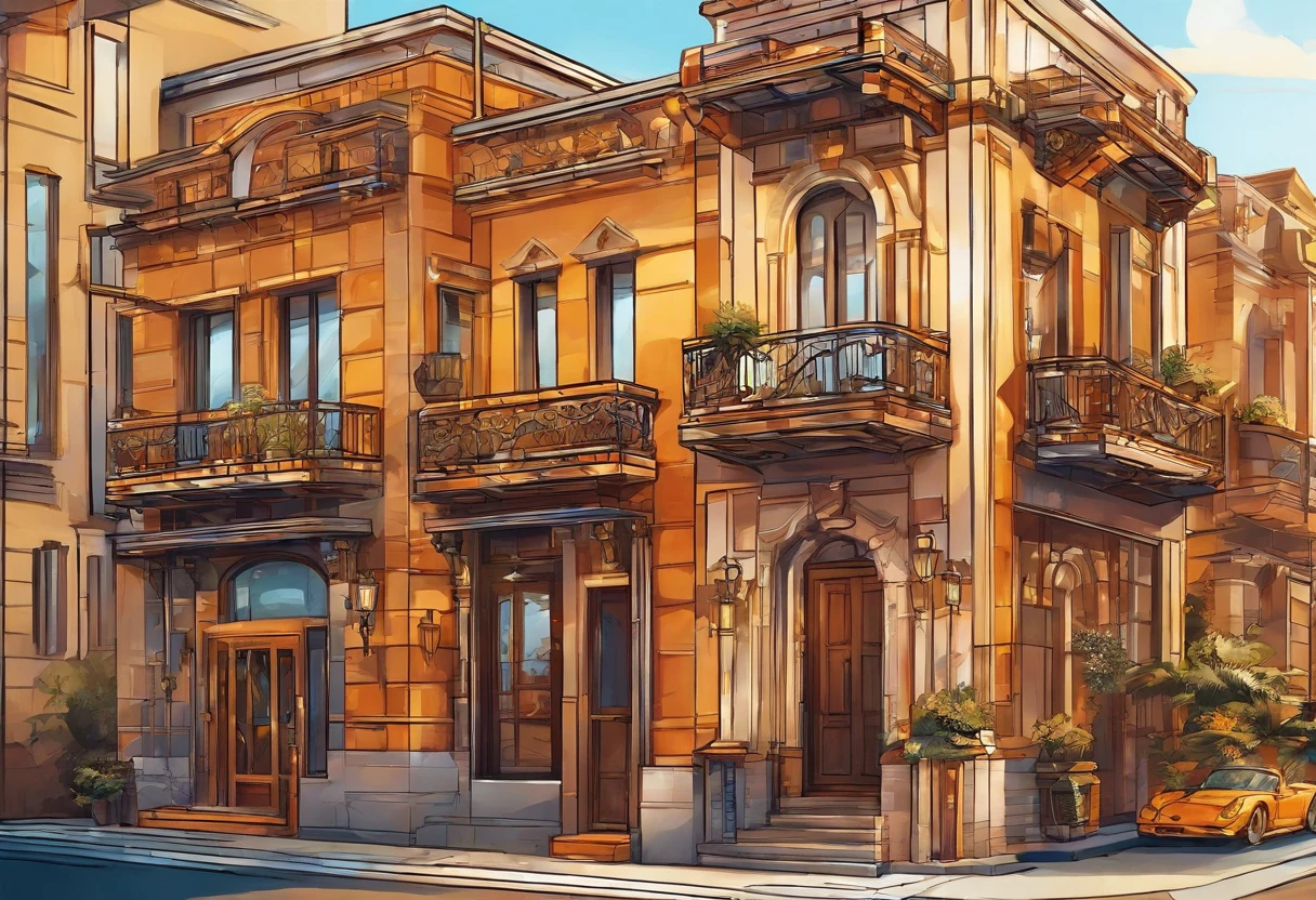 Amber City, A street with a stone paved road with European stone houses from the first half of the 20th century, High quality shadows, High quality of light, High quality clothing, Masterpiece picture quality, max detail, Masterpiece quality., a painting, painting