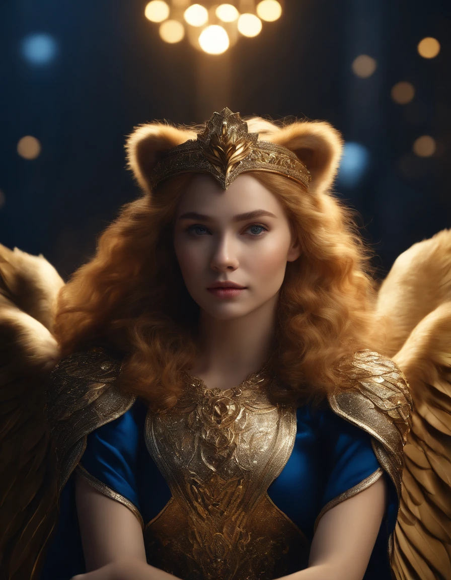 (best quality,4k,8k,highres,masterpiece:1.2),ultra-detailed,(realistic,photorealistic,photo-realistic:1.37), The lion anthropomorphic Angel:1.7, (Furry ears:1.3), medium shot, glowing light eyes, golden hair, Golden crystal glass material, royal flash noble, facial features, facial details, gorgeous clothing, exquisite facial features, surrounded by halos, dark blue, cinematic shooting, full of vitality, expressive, soft focus, best quality, 16k, high resolution, fine detailssacred, Very bright colors,Light particles, with light glowing,Mshiff,wallpaper art,UHD wallpaper, (Paired with Canon EF 35mm F/1.4L II USM lens for versatile compositions:1.2)