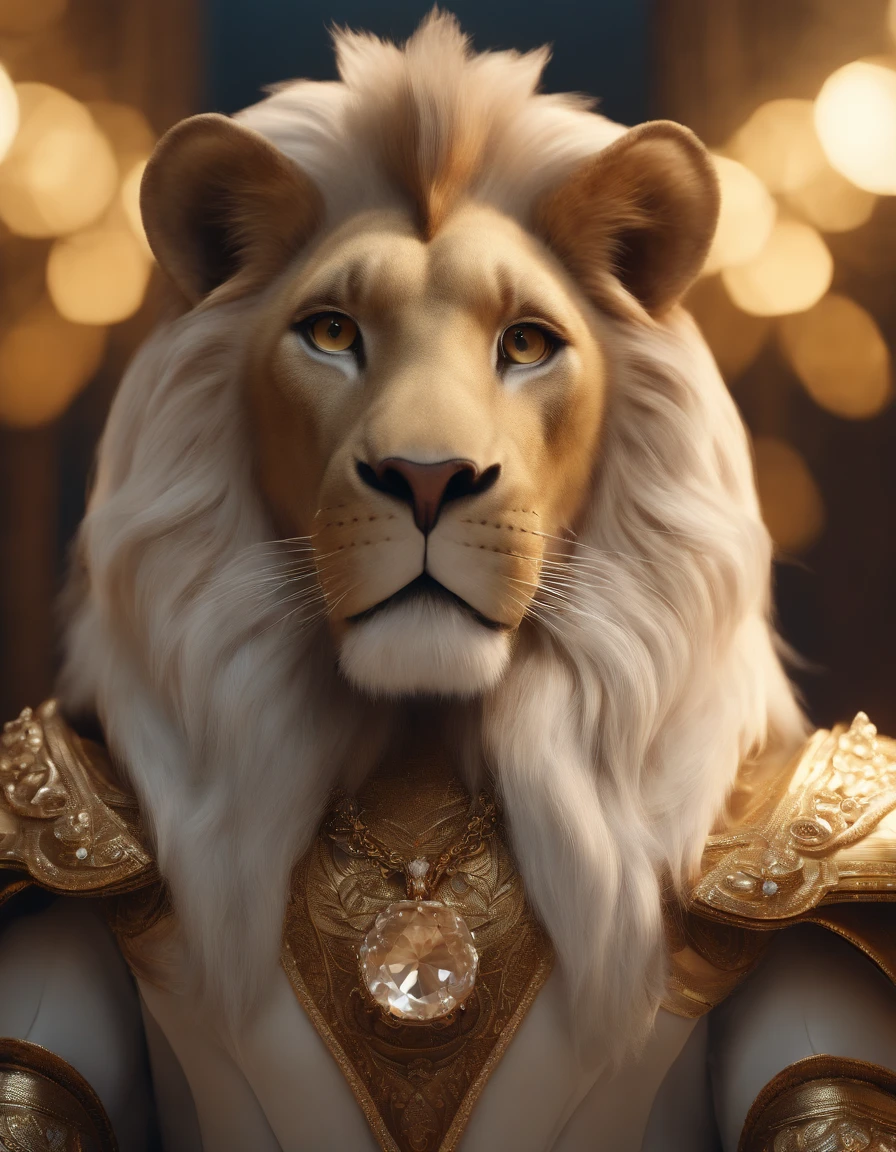 (best quality,4k,8k,highres,masterpiece:1.2),ultra-detailed,(realistic,photorealistic,photo-realistic:1.37), The lion anthropomorphic Angel:1.7, (Furry ears:1.3), medium shot, glowing light eyes, golden hair, Golden crystal glass material, royal flash noble, facial features, facial details, gorgeous clothing, exquisite facial features, surrounded by halos, dark blue, cinematic shooting, full of vitality, expressive, soft focus, best quality, 16k, high resolution, fine detailssacred, Very bright colors,Light particles, with light glowing,Mshiff,wallpaper art,UHD wallpaper, (Paired with Canon EF 35mm F/1.4L II USM lens for versatile compositions:1.2)