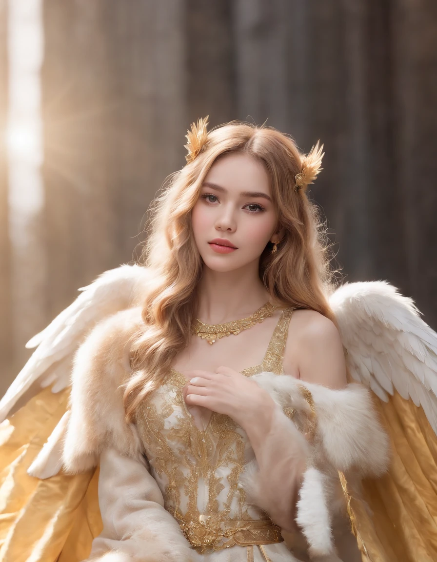 (best quality,4k,8k,highres,masterpiece:1.2),ultra-detailed,(realistic,photorealistic,photo-realistic:1.37), The lion anthropomorphic Angel:1.7, (Furry ears:1.3), medium shot, glowing light eyes, golden hair, Golden crystal glass material, royal flash noble, facial features, facial details, gorgeous clothing, exquisite facial features, surrounded by halos, dark blue, cinematic shooting, full of vitality, expressive, soft focus, best quality, 16k, high resolution, fine detailssacred, Very bright colors,Light particles, with light glowing,Mshiff,wallpaper art,UHD wallpaper, (Paired with Canon EF 35mm F/1.4L II USM lens for versatile compositions:1.2)