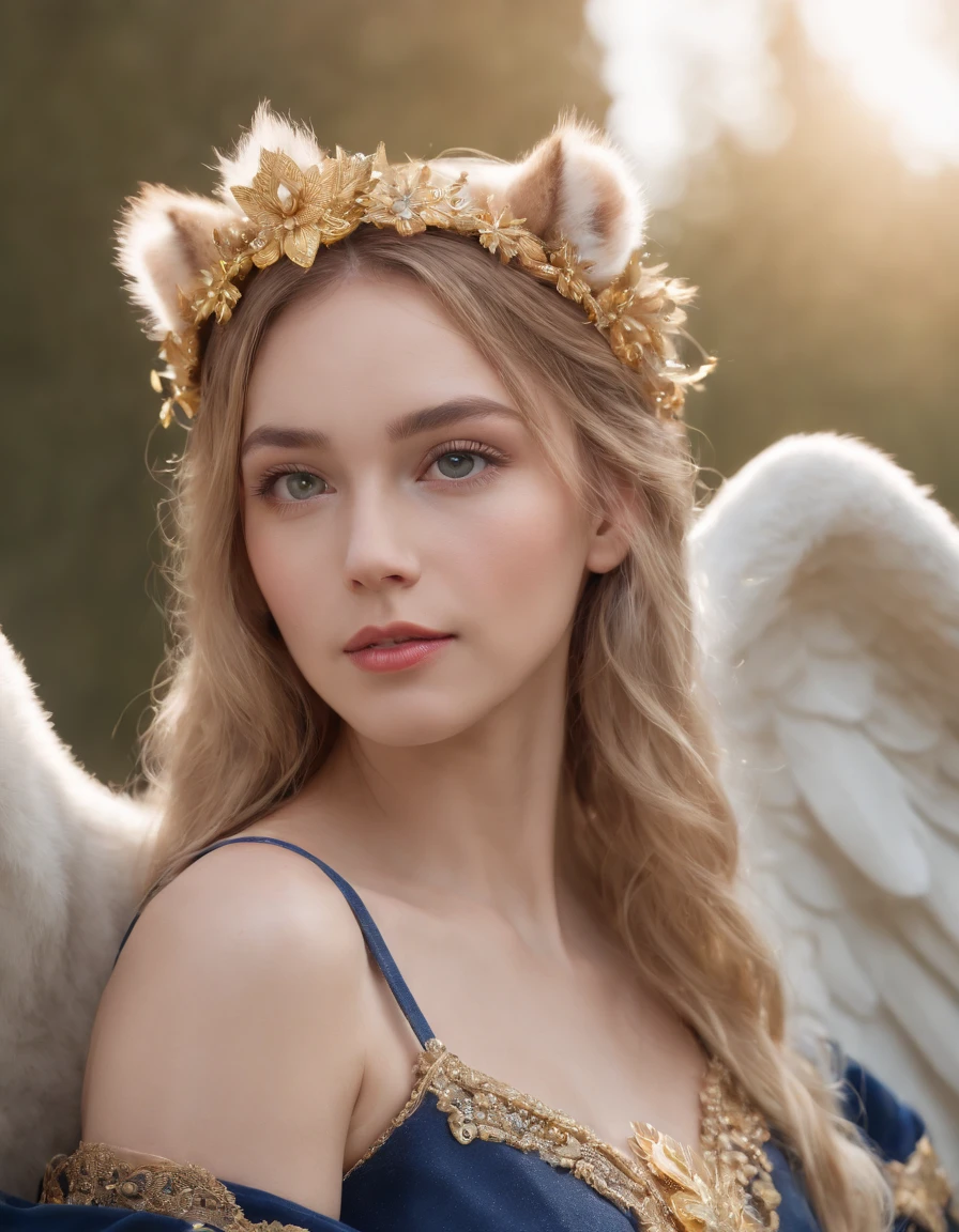 (best quality,4k,8k,highres,masterpiece:1.2),ultra-detailed,(realistic,photorealistic,photo-realistic:1.37), The lion anthropomorphic Angel:1.7, (Furry ears:1.3), medium shot, glowing light eyes, golden hair, Golden crystal glass material, royal flash noble, facial features, facial details, gorgeous clothing, exquisite facial features, surrounded by halos, dark blue, cinematic shooting, full of vitality, expressive, soft focus, best quality, 16k, high resolution, fine detailssacred, Very bright colors,Light particles, with light glowing,Mshiff,wallpaper art,UHD wallpaper, (Paired with Canon EF 35mm F/1.4L II USM lens for versatile compositions:1.2)