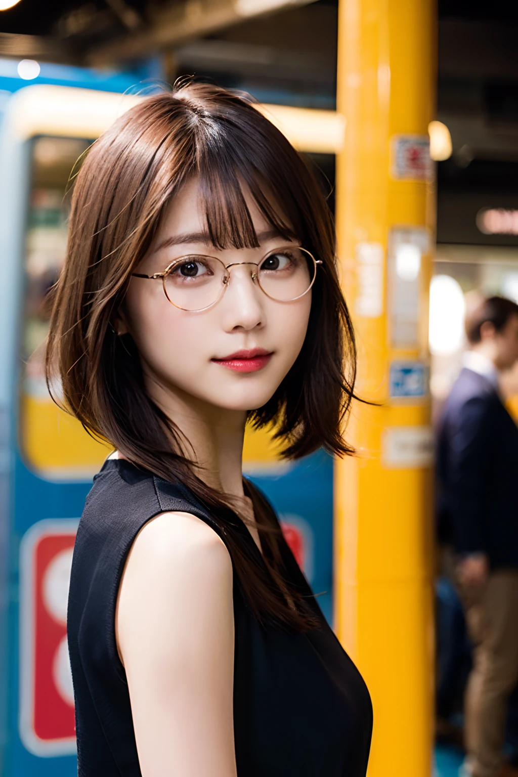 (8K、Raw photography、top-quality、masterpiece:1.2)、(realisitic、Photorealsitic:1.37)、ultra-detailliert、超A high resolution、1人、see the beholder、beautifull detailed face、A smile、Constriction、(Slim waist) :1.3)、short-cut、Beautiful detailed skin、Skin Texture、Floating hair、Professional Lighting、Wait for the platform train、Golden round glasses 、Whole human body、Brown hair