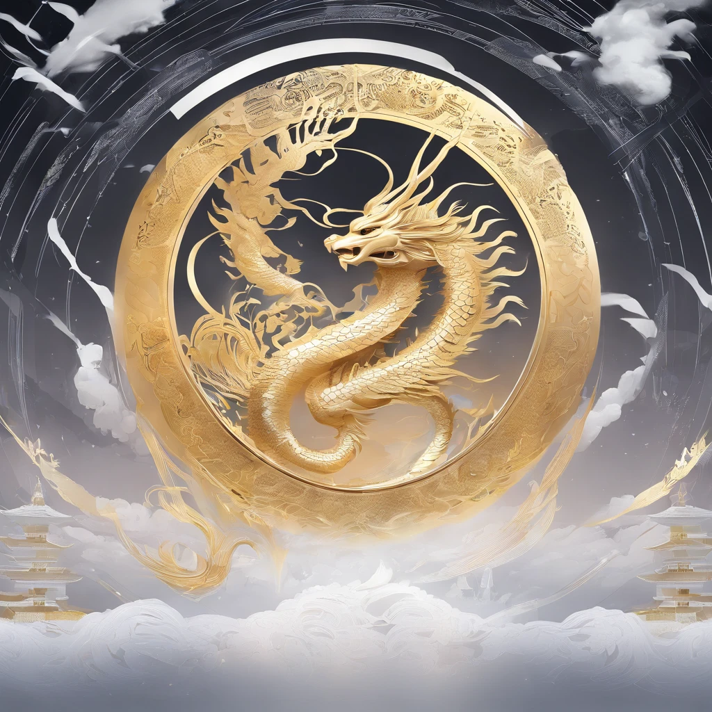A logo、​masterpiece、(white backgrounid:1)、Golden Chinese dragon surrounded by white clouds、Deities々Halo、the wind、Deities、long wavy body、tusk、The upper part of the body、Fantasia、myth、hightquality、ighly detailed、​masterpiece、epic poem、Particle effect、Dynamic effects