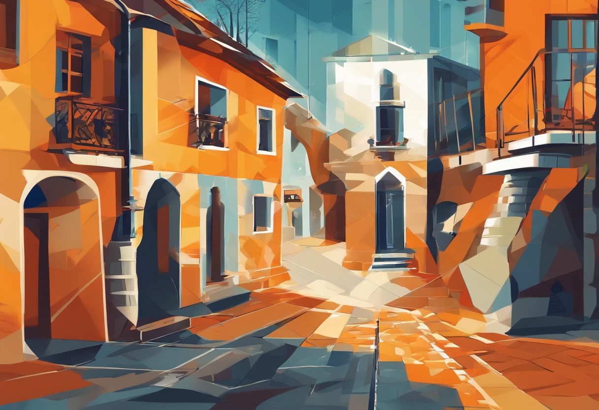 Amber City, A street with a stone paved road with European stone houses from the first half of the 20th century, High quality shadows, High quality of light, High quality clothing, Masterpiece picture quality, max detail, Masterpiece quality., a painting, painting